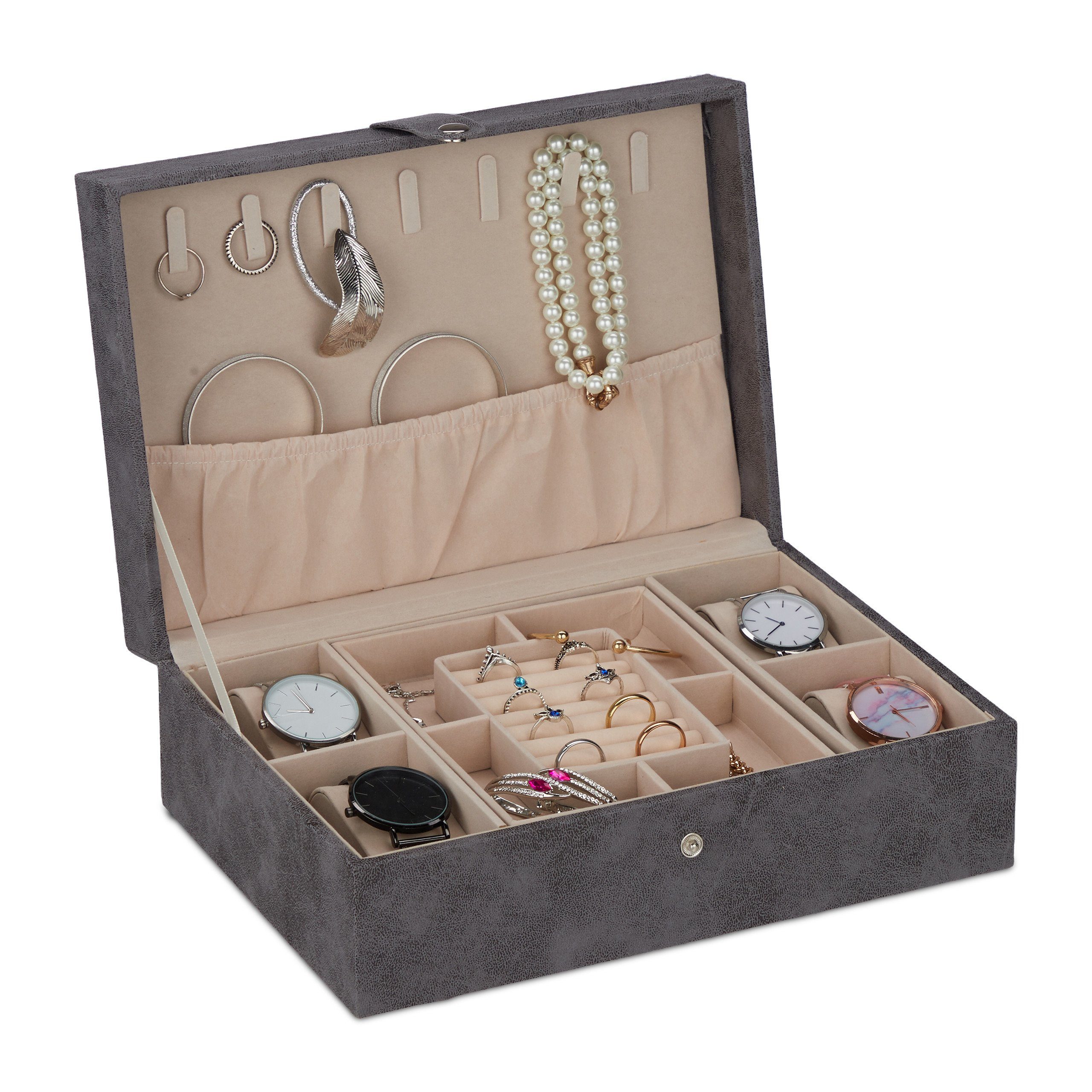 relaxdays Schmuckkasten Schmuckkästchen in Lederoptik, grau günstig online kaufen