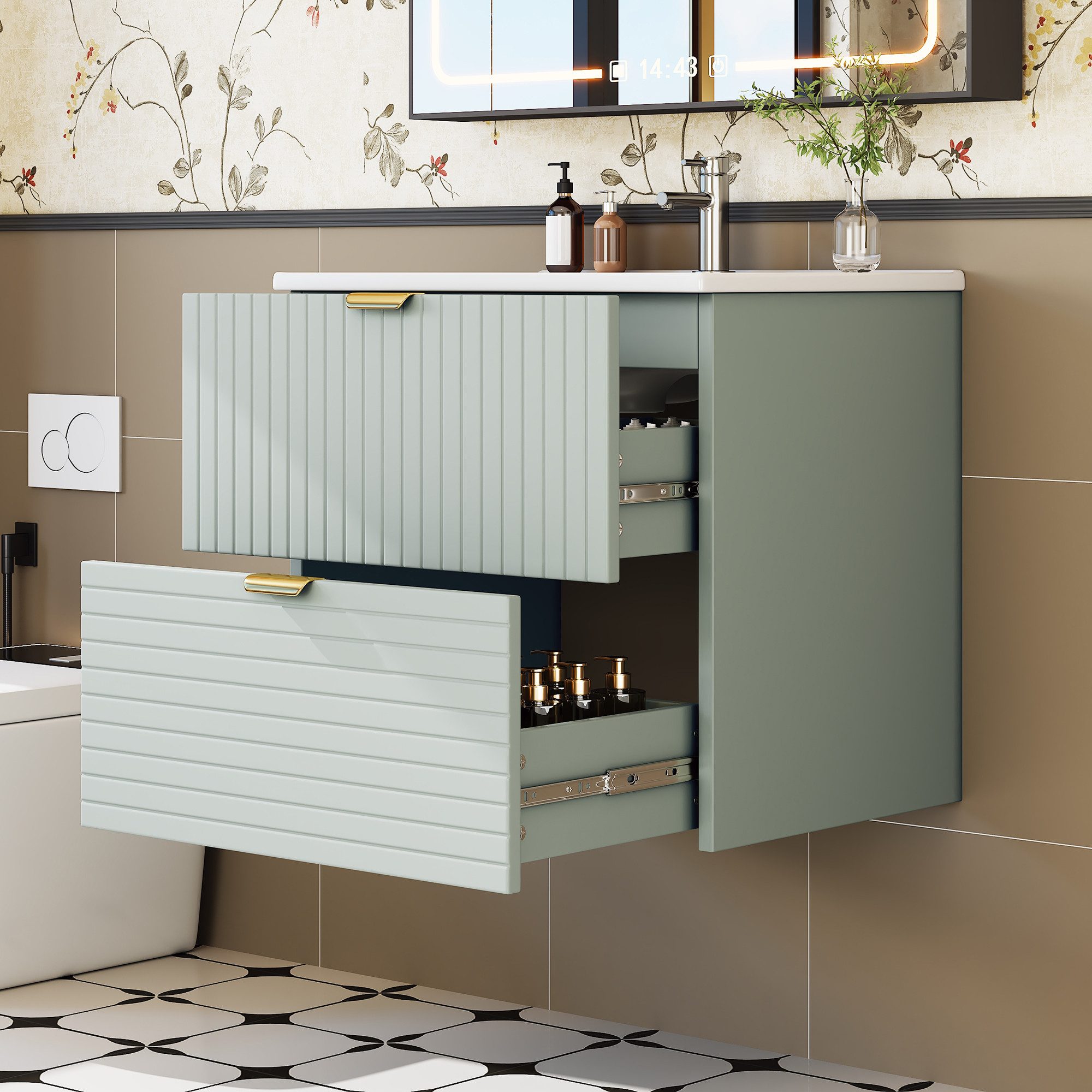 Flieks Waschtisch Waschbeckenunterschrank inkl. glänzende Waschbecken (B61/T46/H57 cm, 1-St., wandhängend, Badschrank aus MDF volllackiert), Badmöbel-Set Badezimmerschrank mit 2 Schubladen Grün