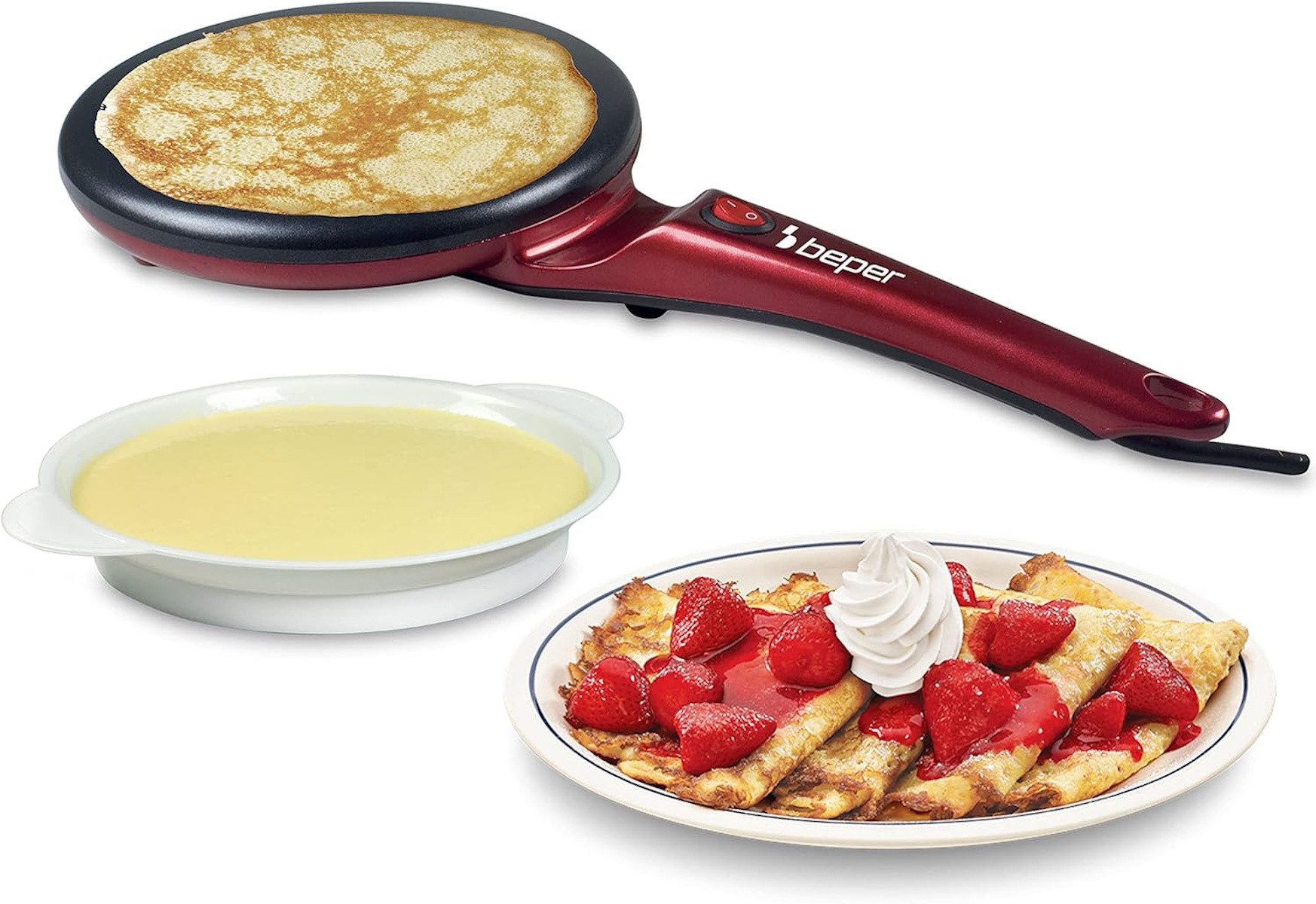 Beper Crêpesmaker Elektrischer Crêpes Maker 800W mit Antihaftplatte & Teigbehälter, 800 W, Ø 20 cm