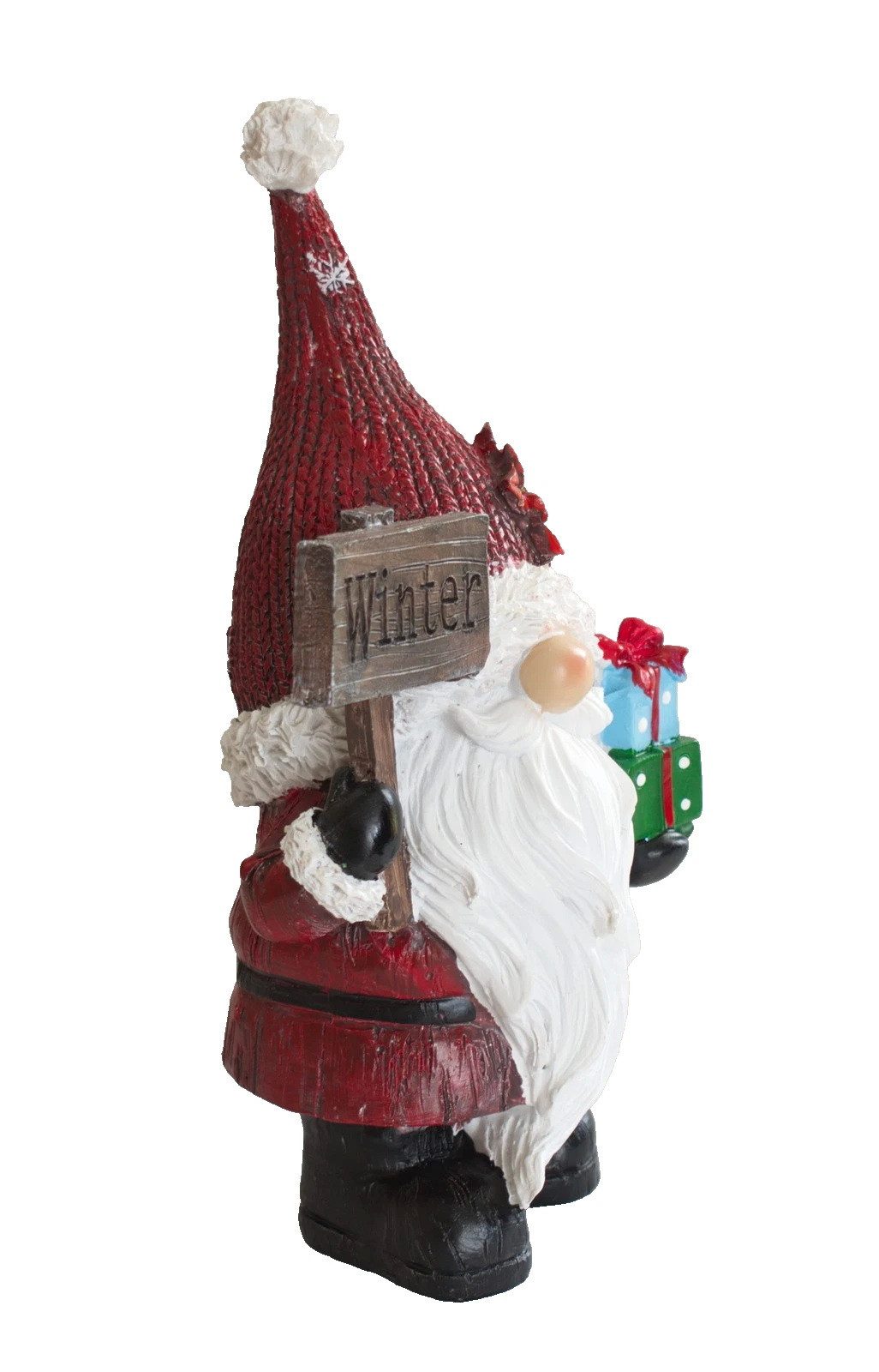 Kaufhaus le petit Weihnachtsfigur Deko Weihnachtsmann Wichtel Zwerg Pakete Schild Skulptur Figur Objekt, Garten Dekofigur Dekoskulptur Dekoobjekt aus Polyresin (Kunststein)
