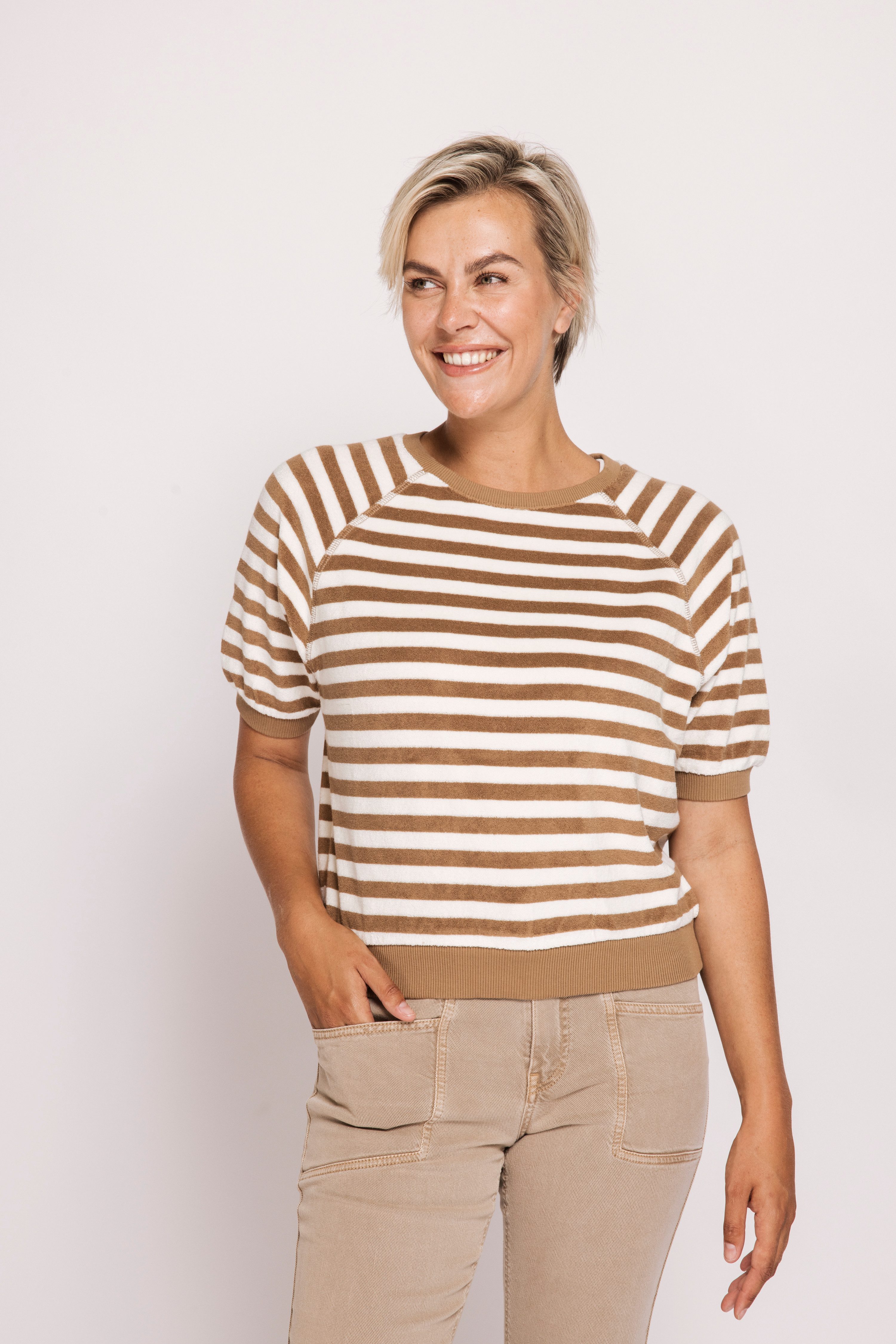 Zhrill Kurzarmshirt ZHINGE Frottee-Optik mit Streifen