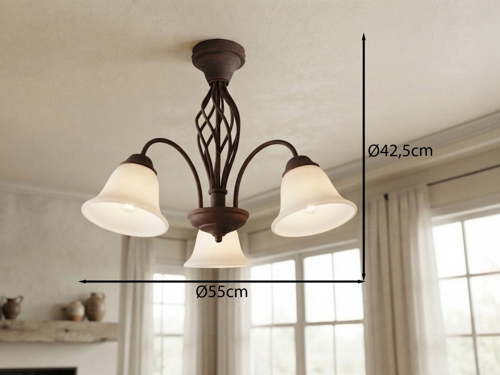 TRIO Leuchten LED Deckenleuchte Rostoptik mit Glas-Schirmen Ø 55cm, Dimmfunktion, LED wechselbar, Warmweiß, große Deckenlampe Landhaus-Stil inkl. E14 LEDs – Bild 3 von 5