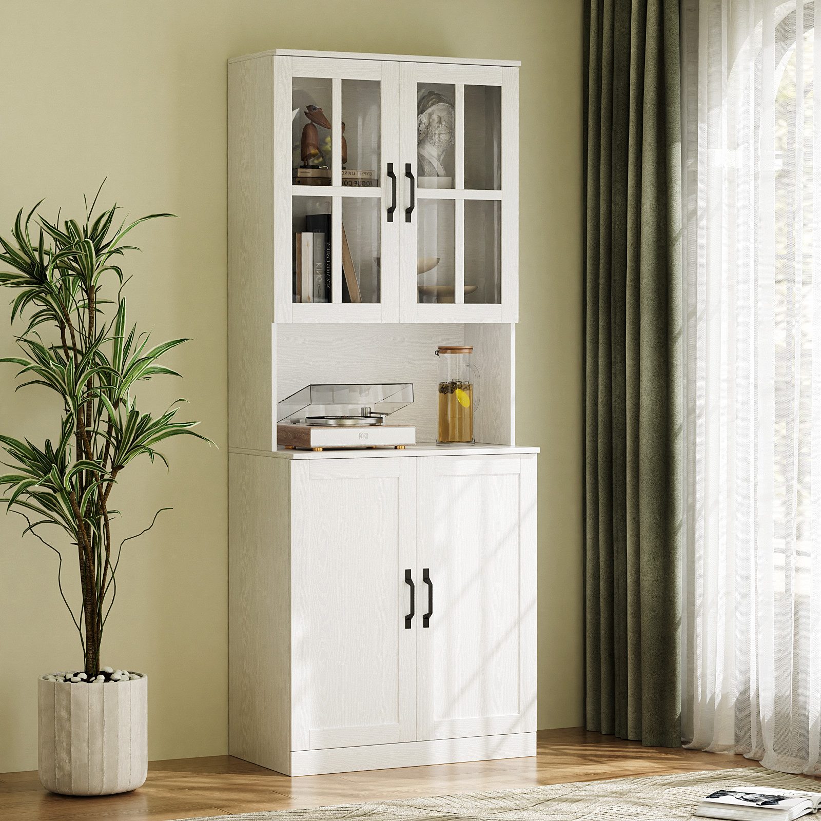 VOWNER Bücherregal mit Glastüren, offenem Fach & Arbeitsplatte – 5 Ebenen Hochschrank, 1-tlg., Vitrinenschrank Buffetschrank Standregal für Wohnzimmer & Büro