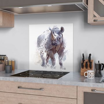 DEQORI Küchenrückwand 'Nashorn in Aquarell', Glas Spritzschutz Badrückwand Herdblende