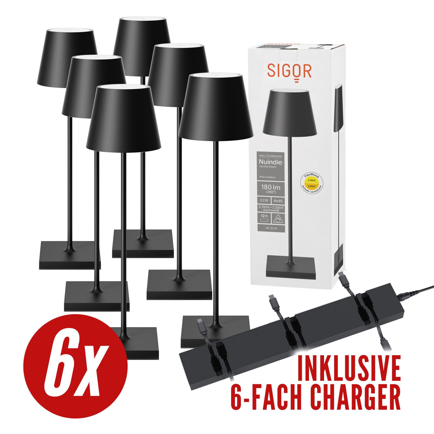 SIGOR LED Tischleuchte 6x Nuindie USB-C 380mm nachtschwarz + 1x Charger, Dimmbar, 1 LED Platine, 2.700 K / 2.200 K