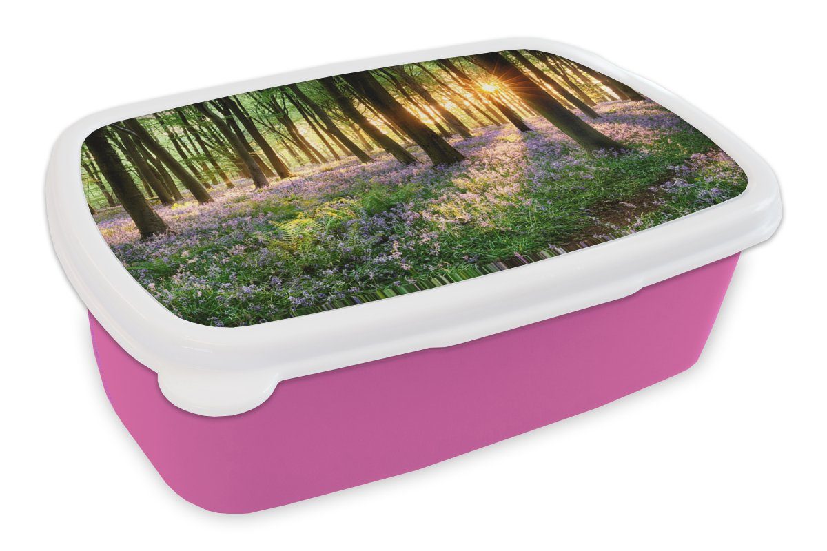 MuchoWow Lunchbox Wald - Blumen - Lavendel - Sonne - Lila - Natur, Kunststoff, (2-tlg), Brotbox für Erwachsene, Brotdose Kinder, Snackbox, Mädchen, Kunststoff rosa