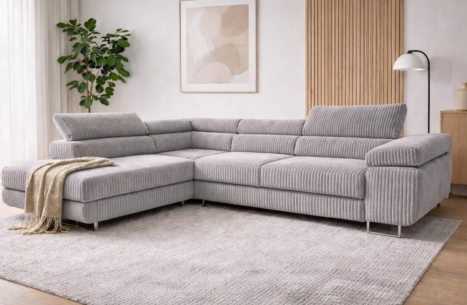 Compleo Ecksofa Einstellbare Kopfstützen, Schlaffunktion, Cordstoff FERRO, 274x203x70-90 cm