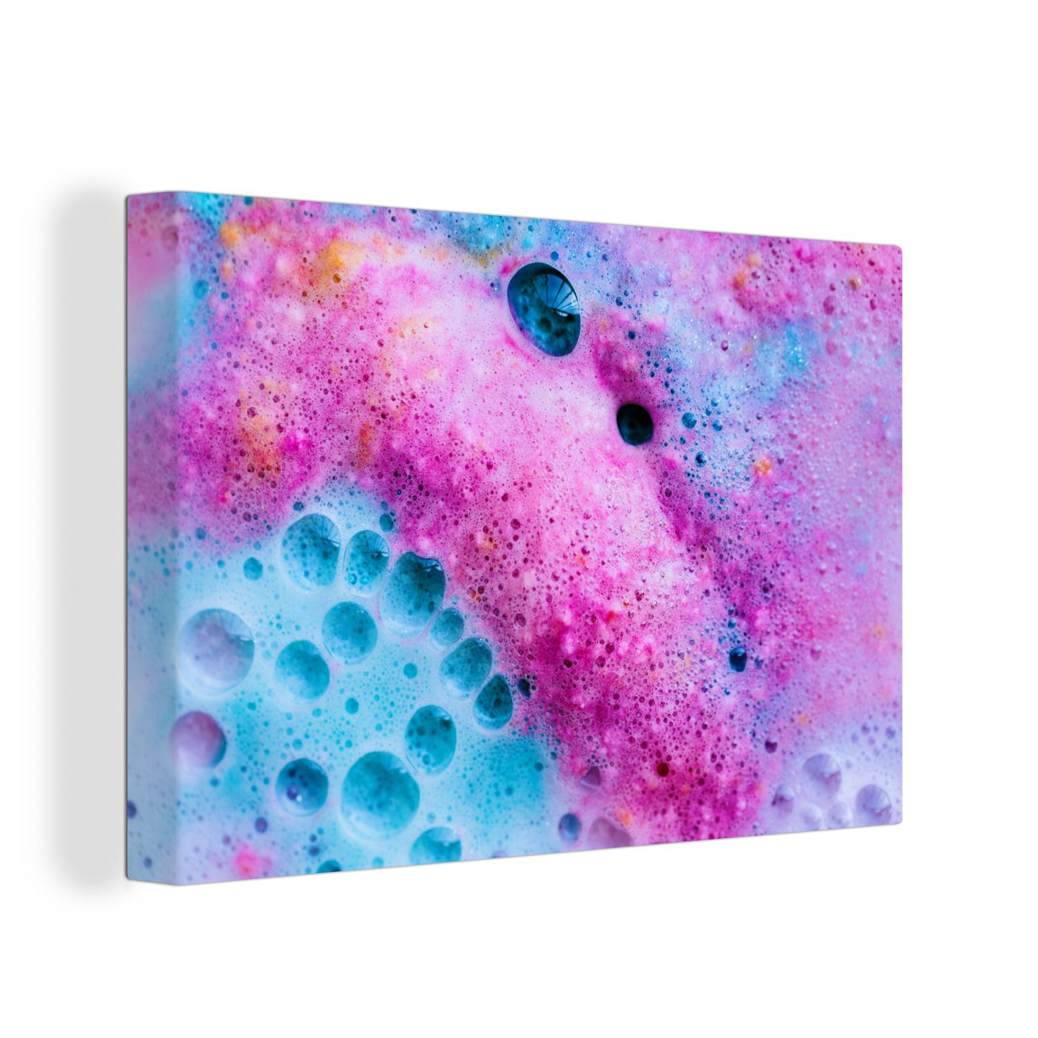 OneMillionCanvasses® Leinwandbild cm rosa blau in Wanddeko, mit Gelöste Wandbild Badebombe 30x20 Farbtönen, Aufhängefertig, (1 St), Leinwandbilder