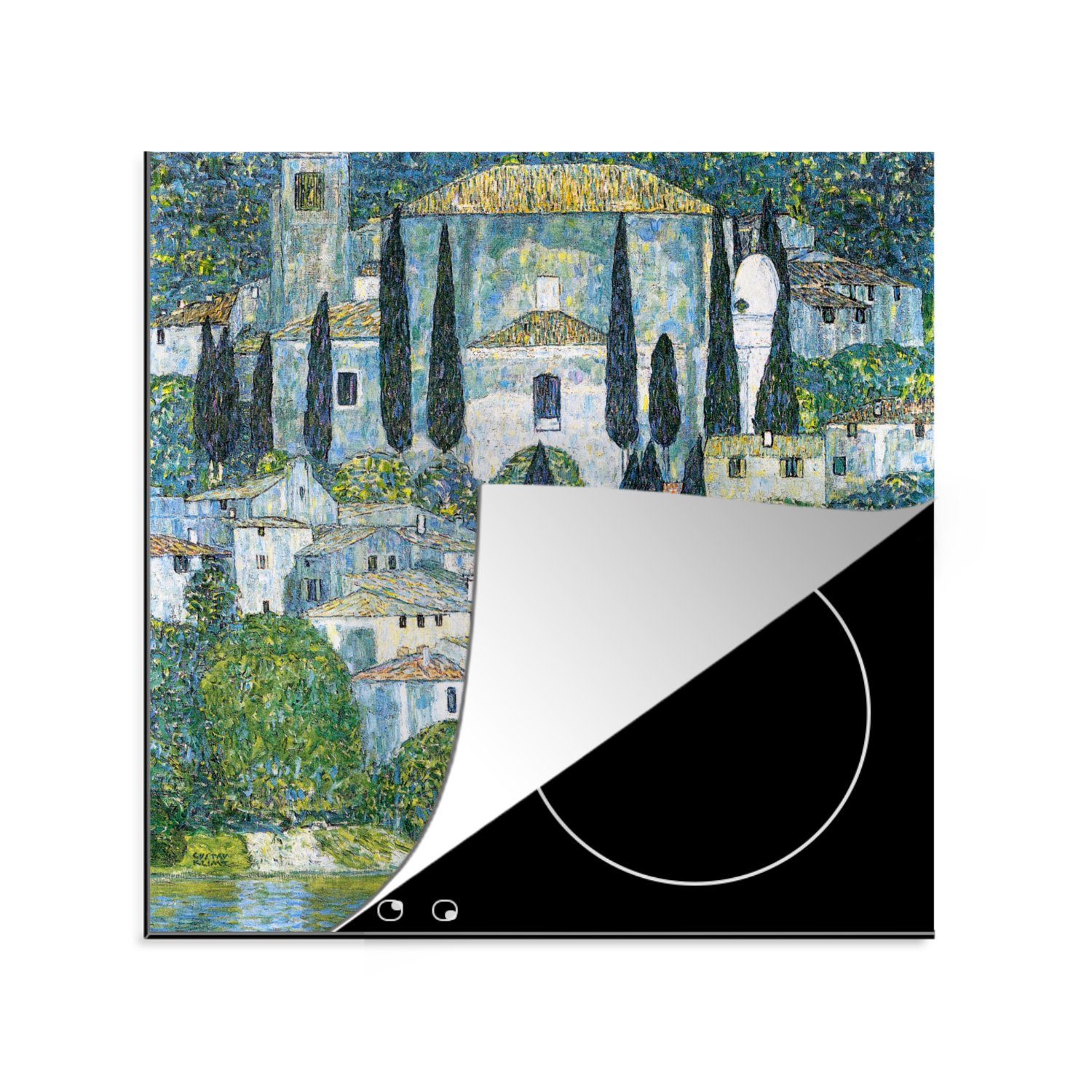 MuchoWow Herdblende-/Abdeckplatte Die Kirche in Cassone - Gustav Klimt, Vinyl, (1 tlg), 78x78 cm, Ceranfeldabdeckung, Arbeitsplatte für küche