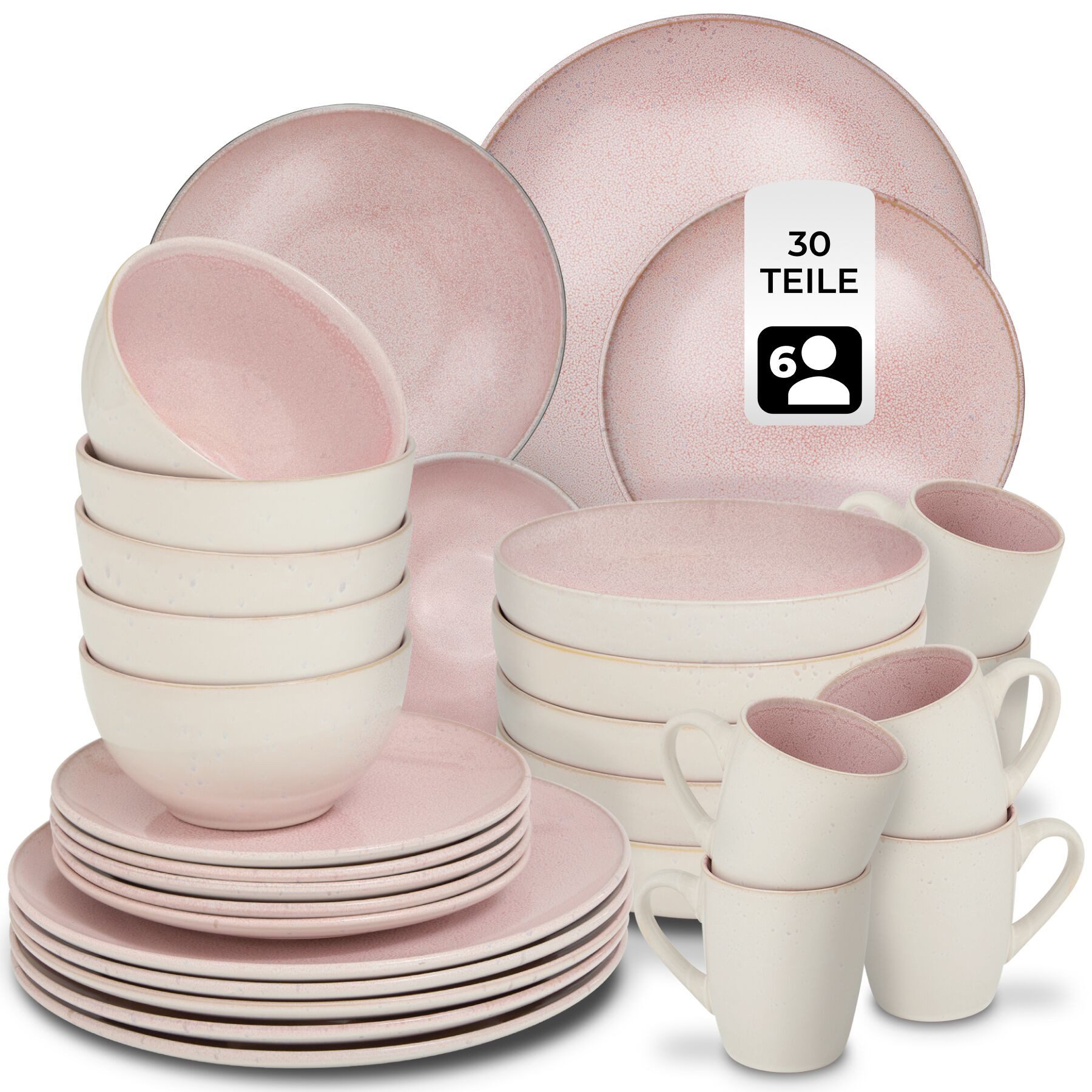 tectake Geschirr-Set Kombiservice (30-tlg), 6 Personen, Steingut, für 6 Personen, handgefertigt