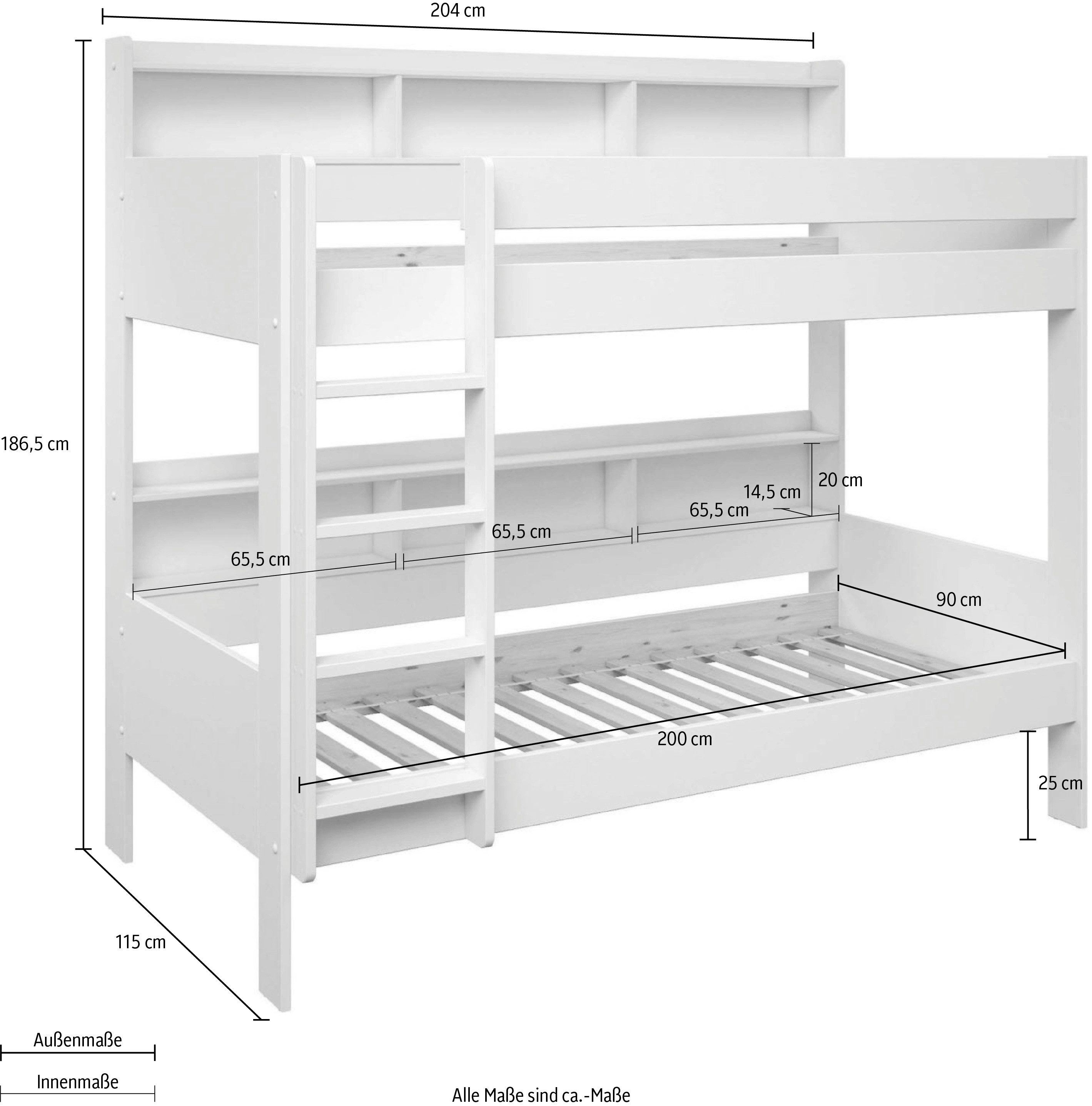 Lüttenhütt JAIME bunk bed, TOP SELLER! Bunk bed with shelves, optional drawer (approx. 186x115x204 cm height/width/length), FSC® certified solid wood, plenty of storage space and surface area