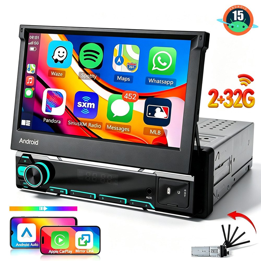ESSGOO DAB+ 4+64G 1 DIN 7 Zoll Flip Out Android 15 Carplay Autoradio GPS WIFI Navigationsgerät (Apple Carplay Android Auto GPS Navi WIFI BT EQ)