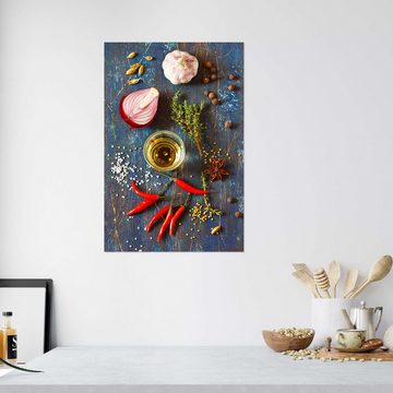 Posterlounge Wandfolie Editors Choice, Gewürze und Kräuter auf Holz, Küche Mediterran Fotografie