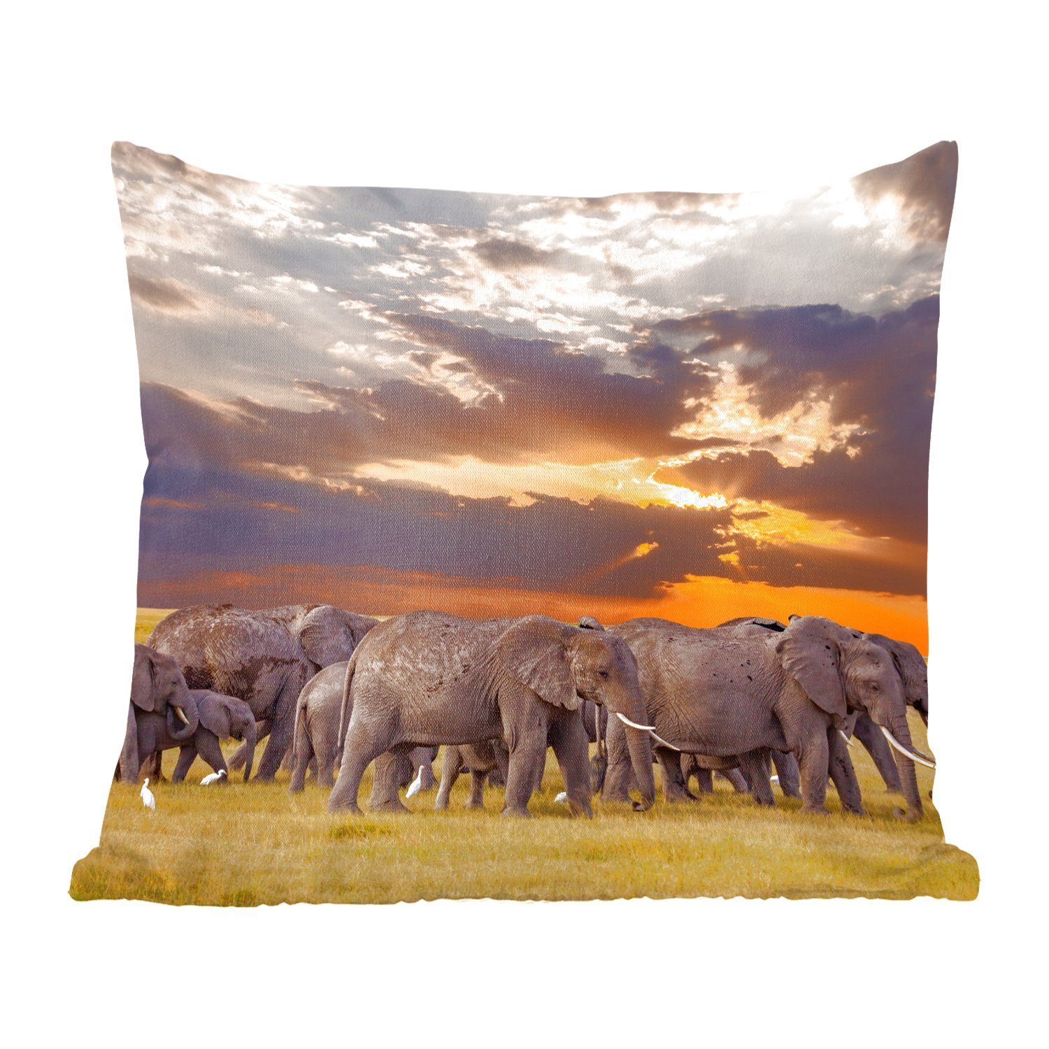 Elefant Zierkissen Sonnenuntergang - Sofakissen Gras mit Schlafzimmer, Deko, für MuchoWow Natur, - - Füllung Wohzimmer, Dekokissen Tiere -