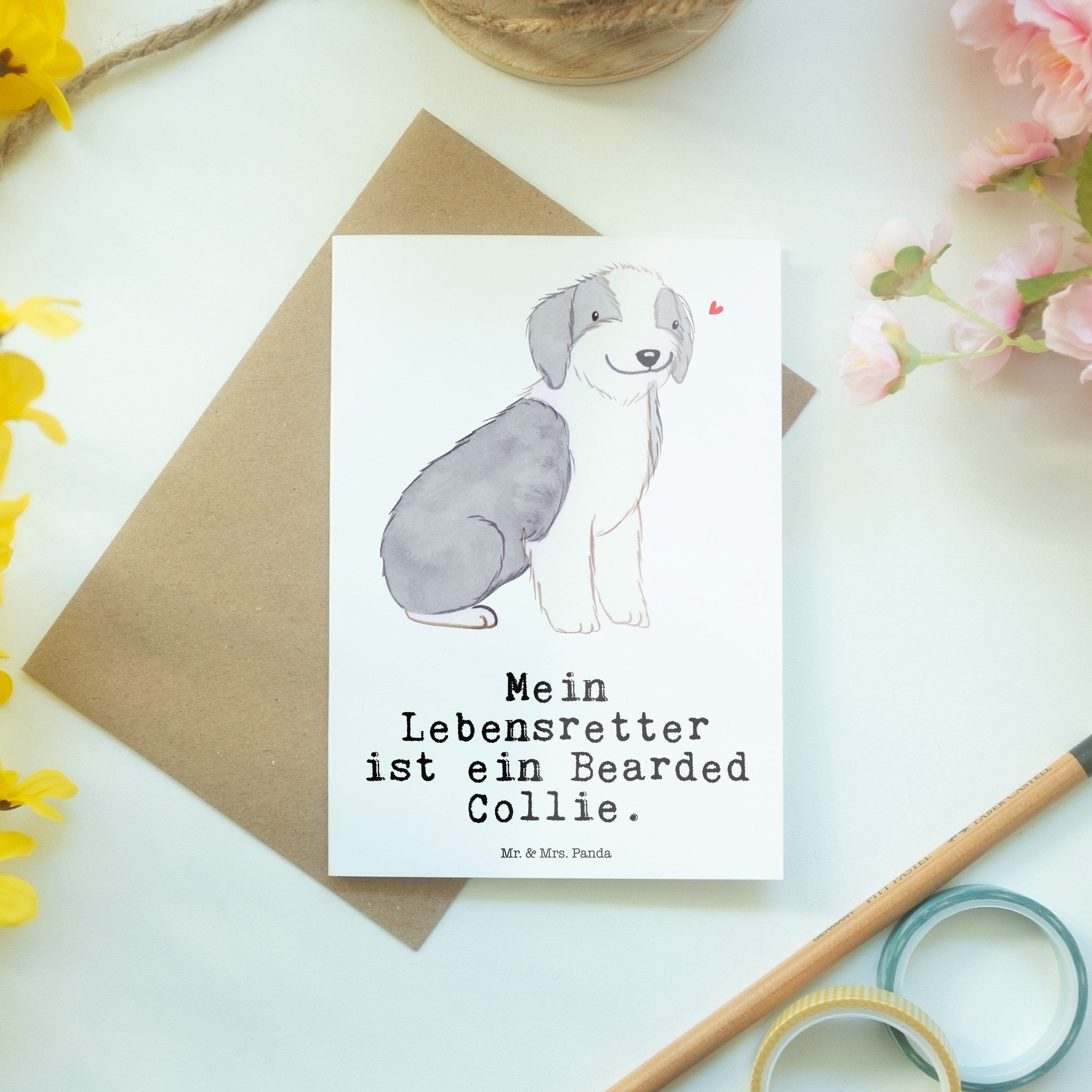 Collie Bearded Mr. Geburtstagskarte - & Hund, Grußkarte - Weiß Geschenk, Lebensretter Panda Mrs.