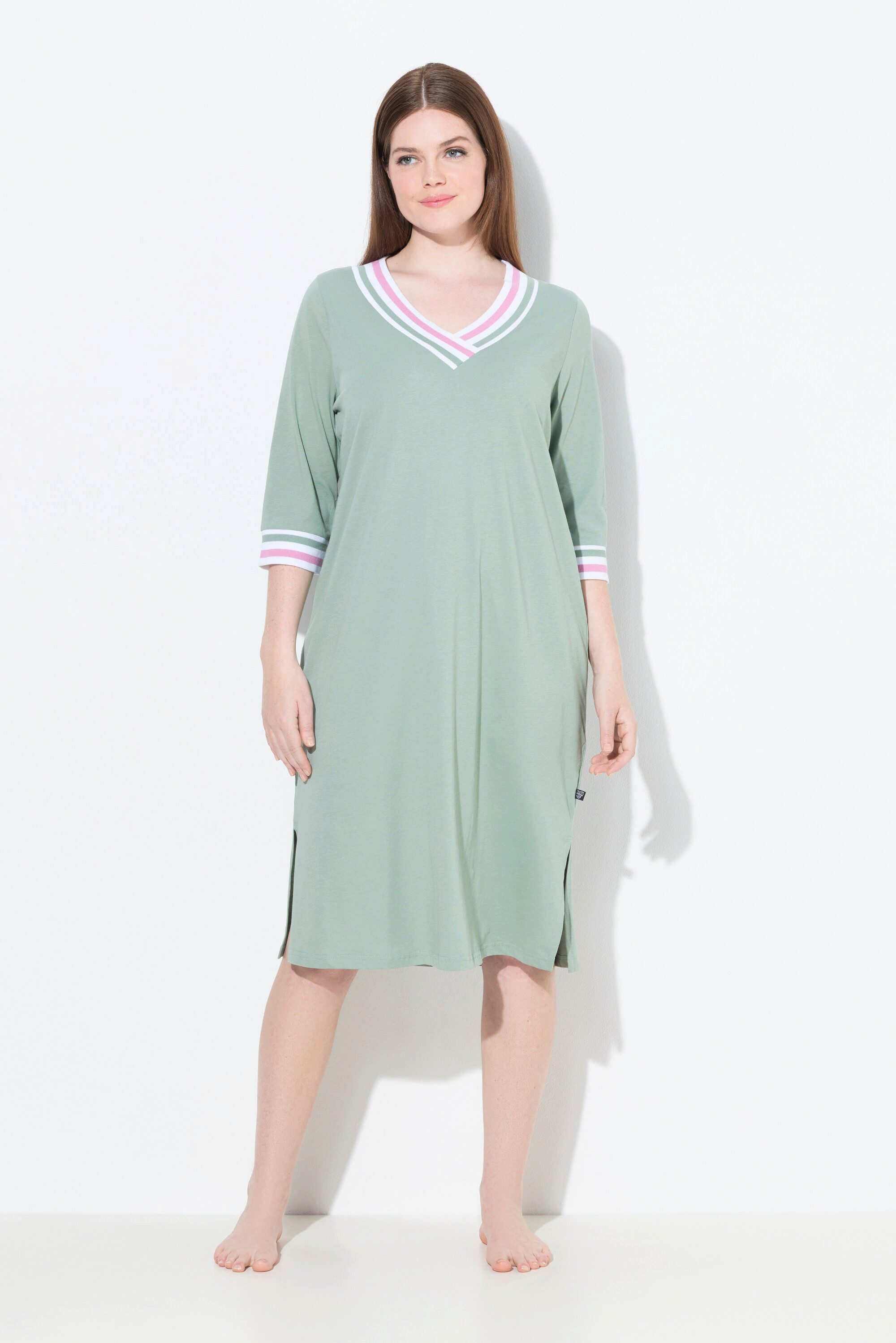 Ulla Popken Bigshirt Nachthemd Streifenkanten V-Ausschnitt 3/4-Arm günstig online kaufen