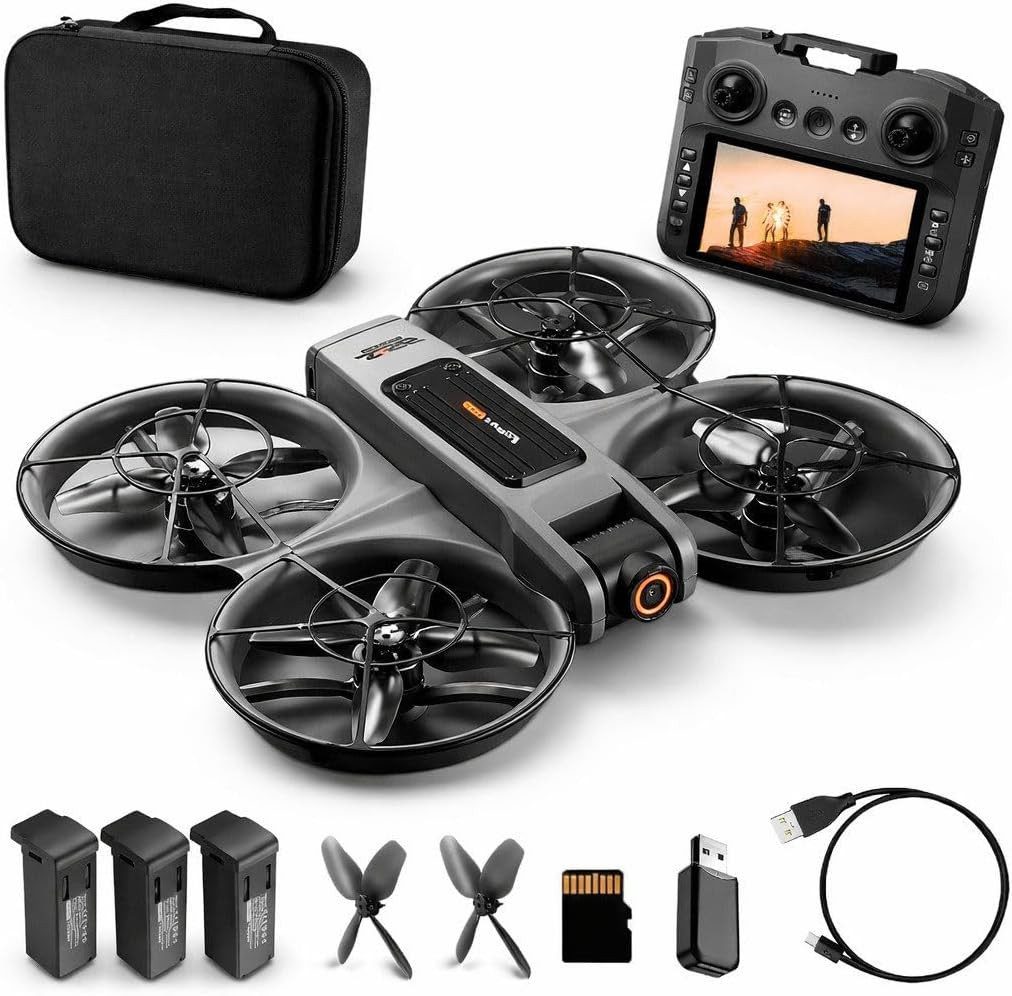 Goldstern-Tech RC-Quadrocopter Drohne (mit 12,5-cm Full-HD Display-Fernsteuerung bis 60min Flugzeit, komplett geschütztem Propellerdesign inkl. 8GB SD-Karte), Dualkamera mit 90° Winkel & 50x Zoom, Optical-Flow, Brushless-Motoren