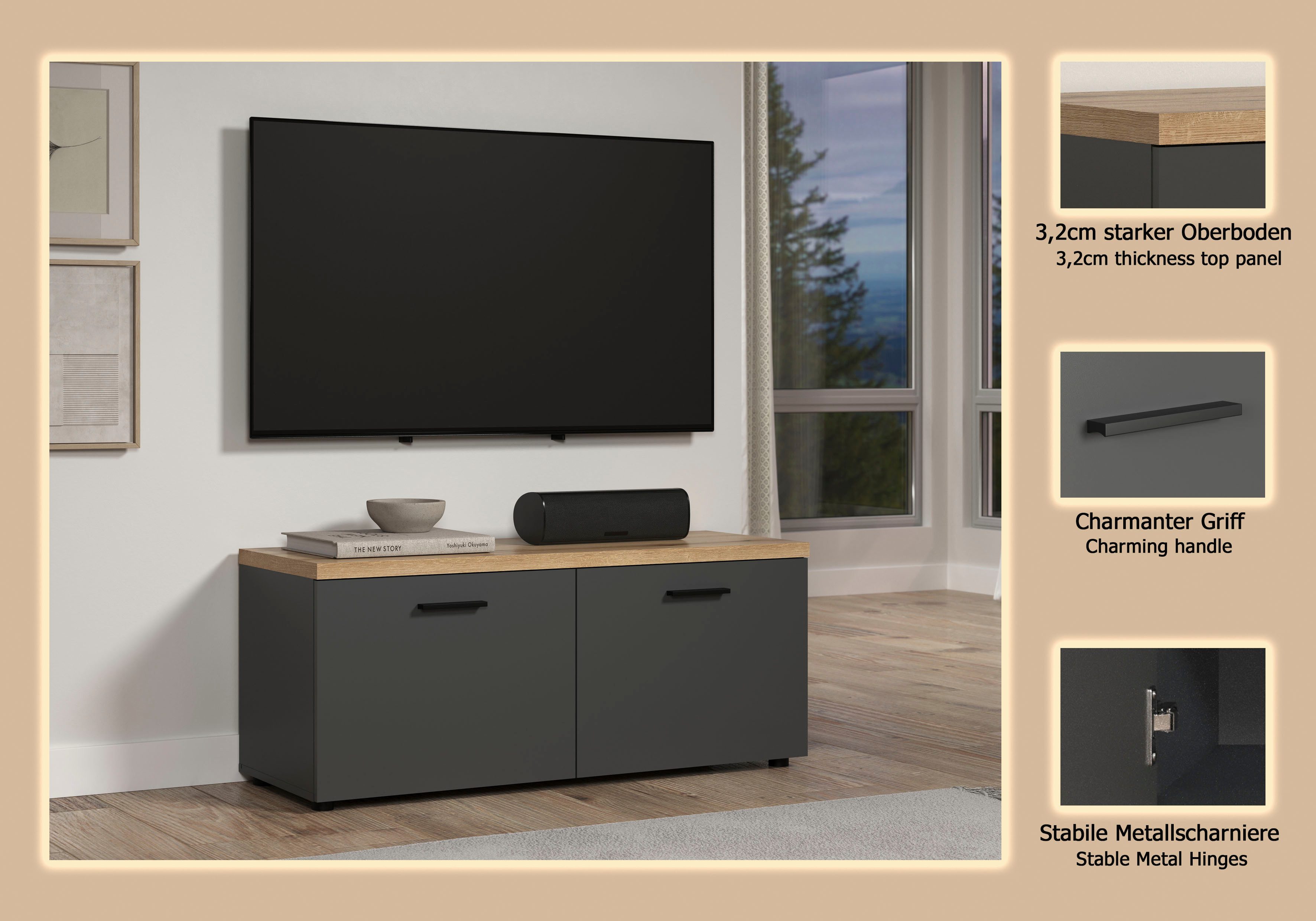 Home affaire Lowboard Bajo (1 St), TV-Lowboard mit 2 Türen und 2 Einlegeböden – (B/T/H) 120/40/50 cm