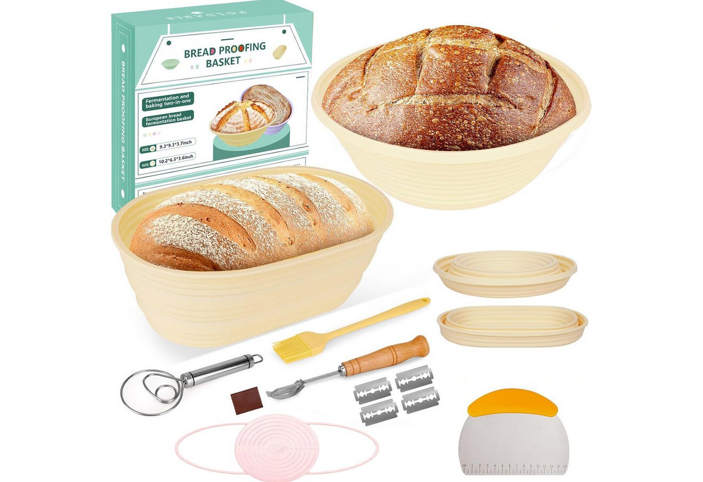 SURFOU Gärkorb Sauerteig Starter Set: Faltbare Gärkörbchen & Brotbackzubehör, Komplett mit Bäckermesser und Teigschaber –ideal für Anfänger & Profis