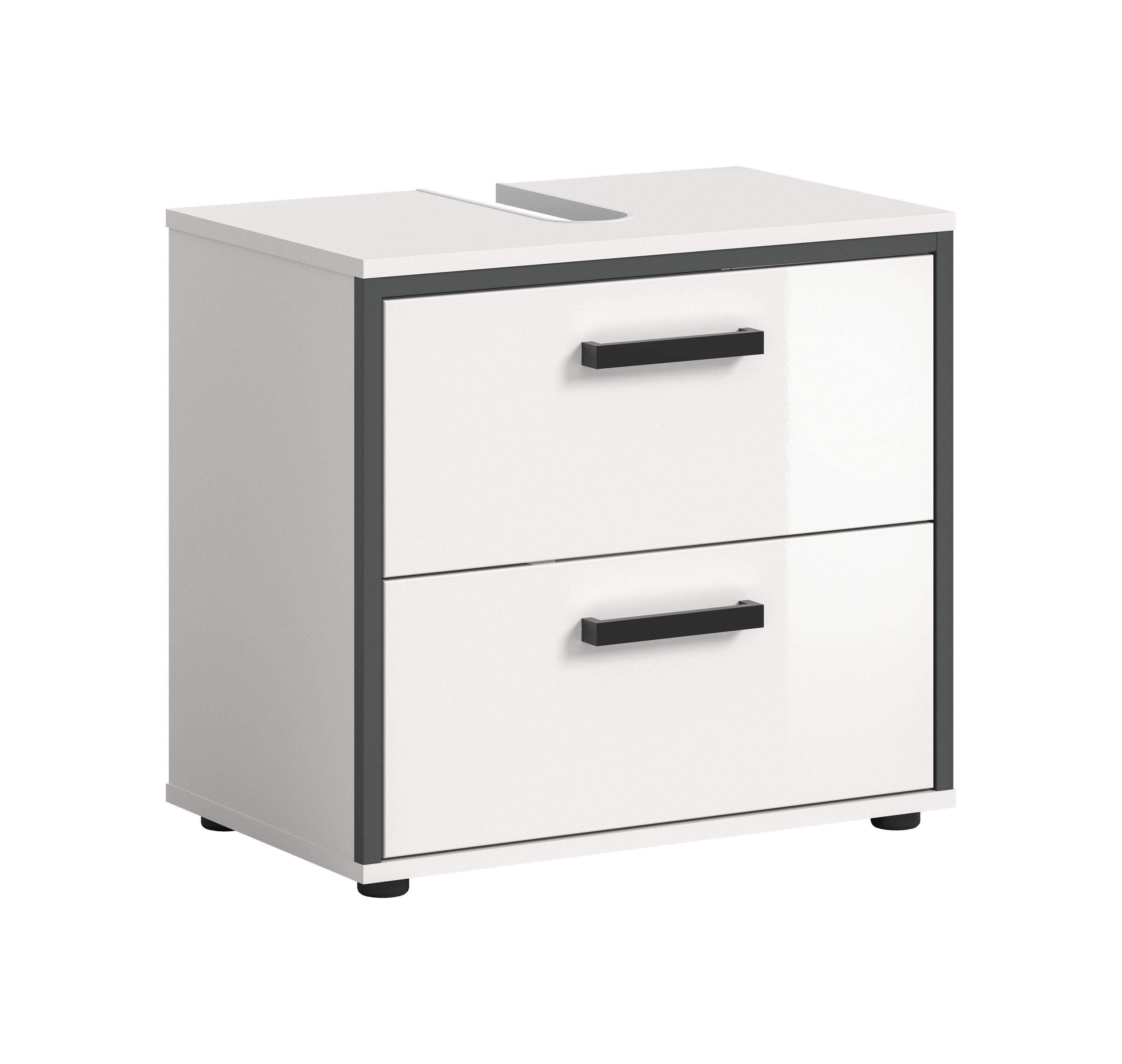 furnling Waschbeckenunterschrank Kovan - platzsparender Unterschrank mit 2 Schubladen mit Siphon-Ausschnitt, hochglänzende MDF Front, Badschrank, weiß