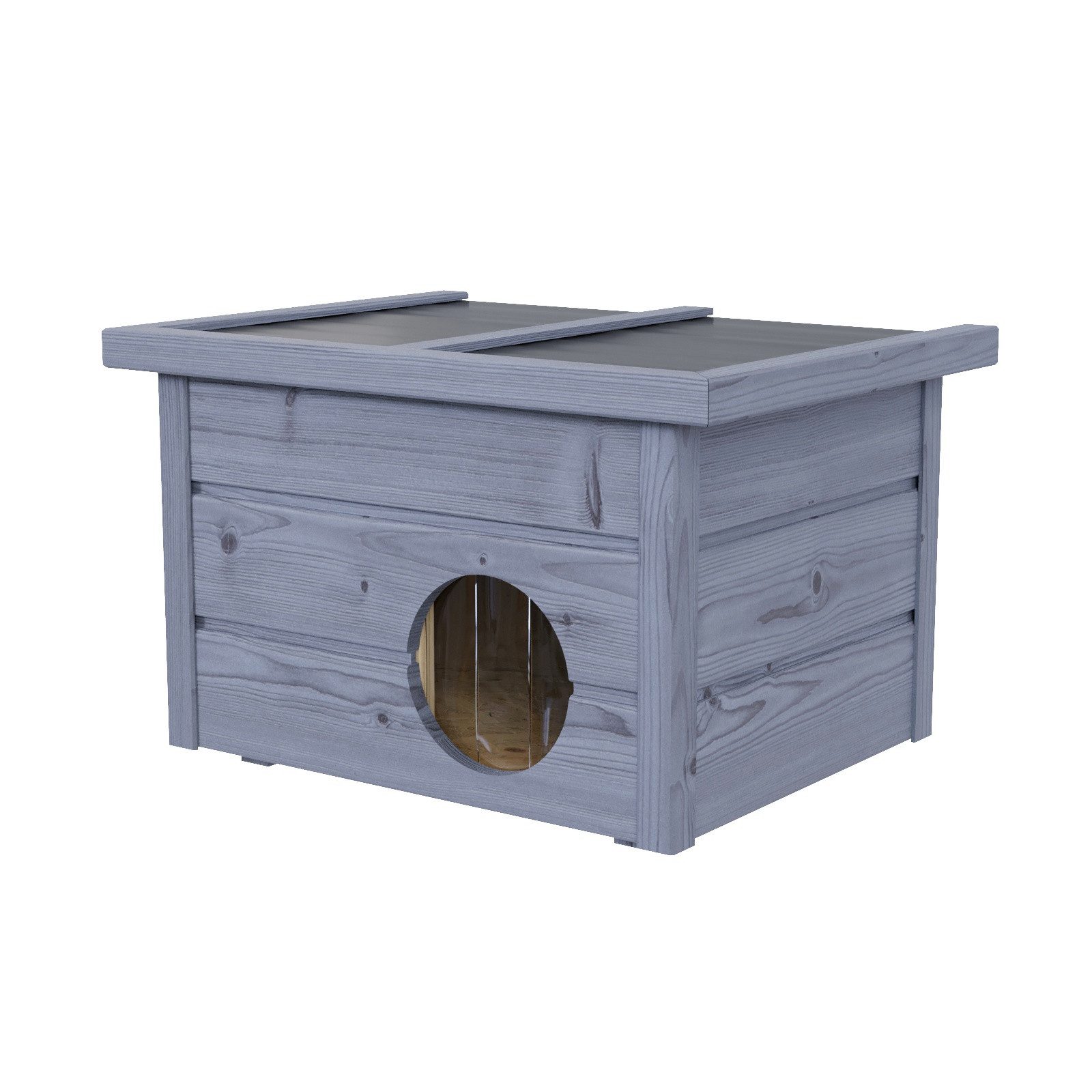 QLS Katzenhaus Outdoor Holz 40x50x37cm, klappbares Dach isoliert 2 cm Styropor, Vorhang, Holzleisten am Boden