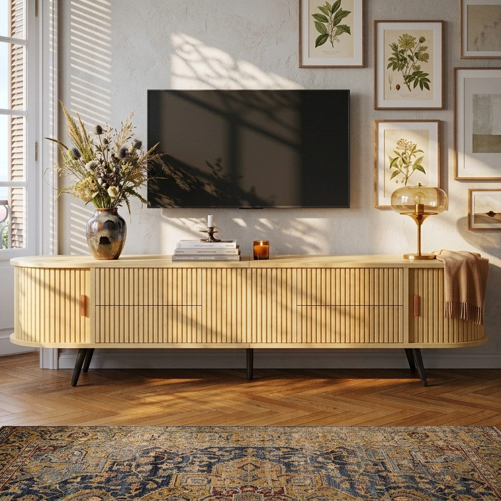 Merax Lowboard Ovaler TV-Ständer mit Vertikalen Streifen (1 St), TV-Schrank mit 4 Schubladen, 2 Rollladentüren & Stauraum, 180x40x45cm