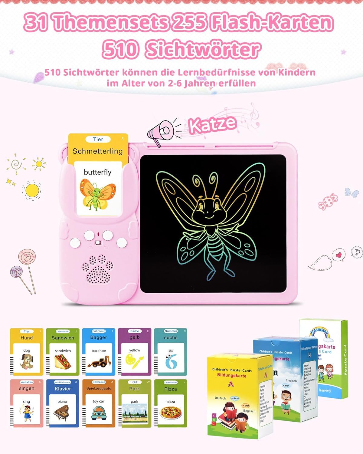 Toomoke Lernspielzeug Lernspielzeug,Sprechende Flash-Karten,Deutsch Lernspielzeug,510Wörter (Deutsch und Englisch Lernen für Kinder, 2 in 1 Lernspielzeug Lesen und Schreiben,Montessori-Spielzeug), 510 Wörter Sprechende Flash-Karten,mit LCD Schreibtablett,Geschenk
