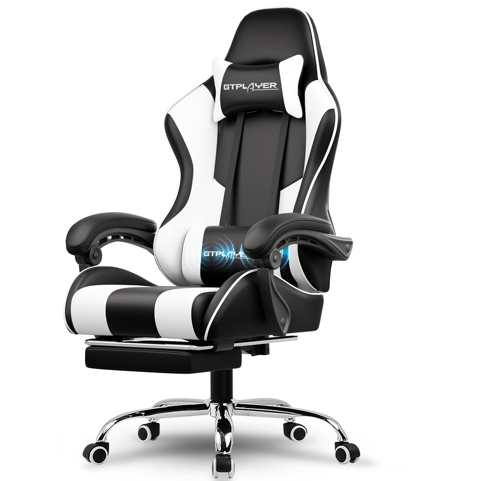 LUCKRACER Gaming-Stuhl Bürostuhl mit Massagefunktion, Fußstütze, Kopfstütze, Ergonomischer Gamer Stuhl Maximale Belastung 150 kg, 360° drehbar