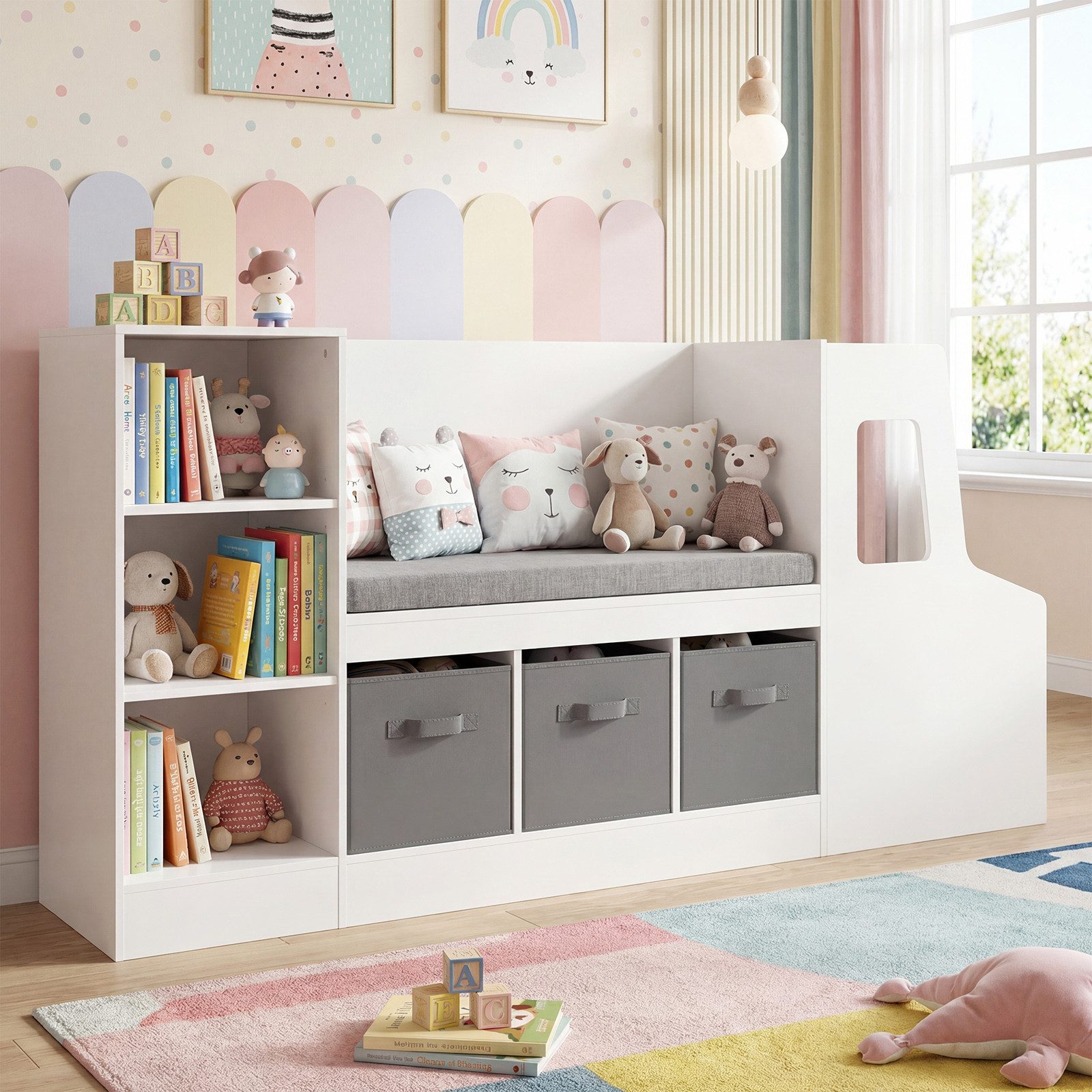 COSTWAY Kinderregal Bücherregal mit Sitzbank, Spielzeugregal mit 7 Fächern