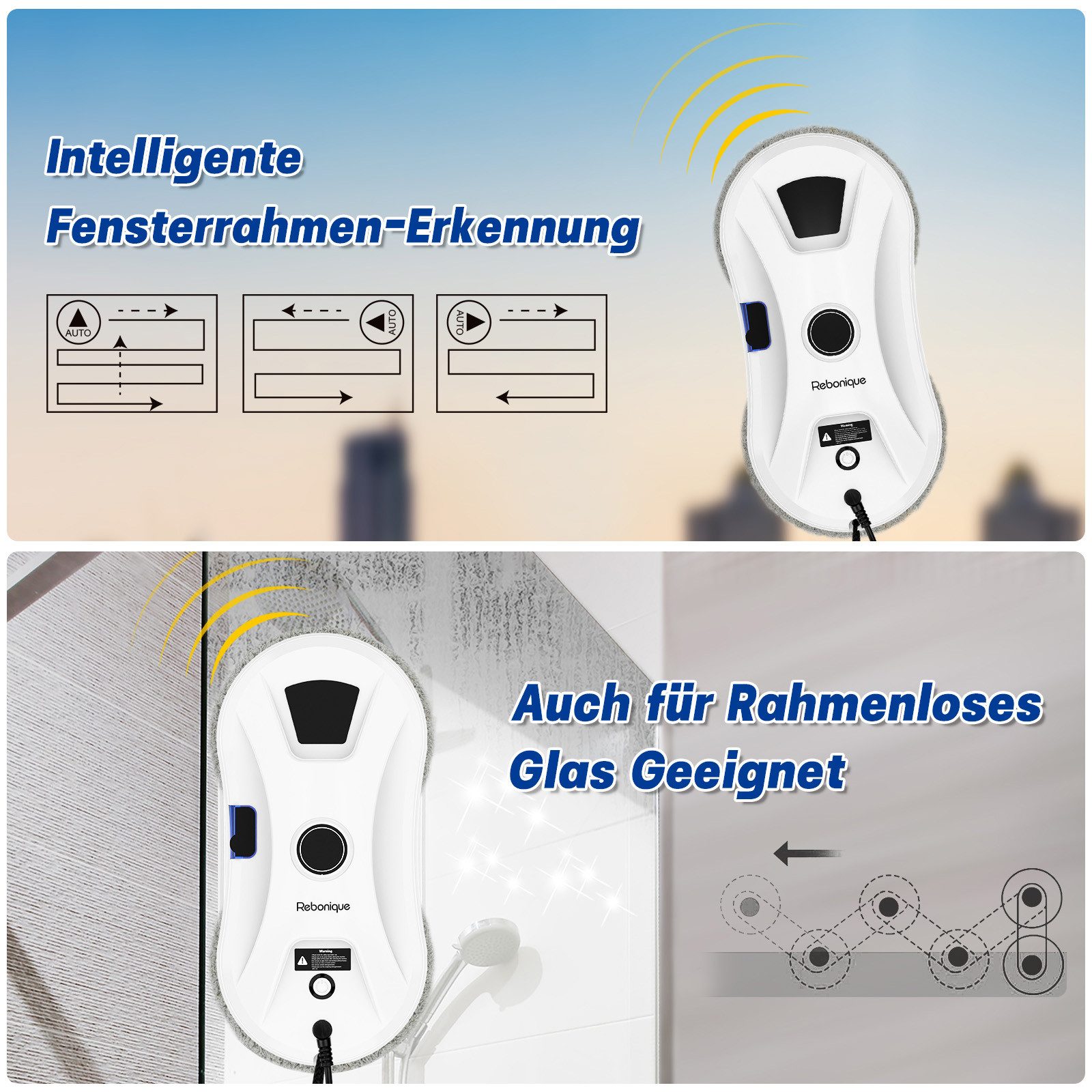 Rebonique Fensterputzroboter Elektrischer Fensterputzer 5600Pa Intelligenter Kanten-Erkennung, 3-Modi Automatische Wasserstrahl Fensterreiniger Roboter