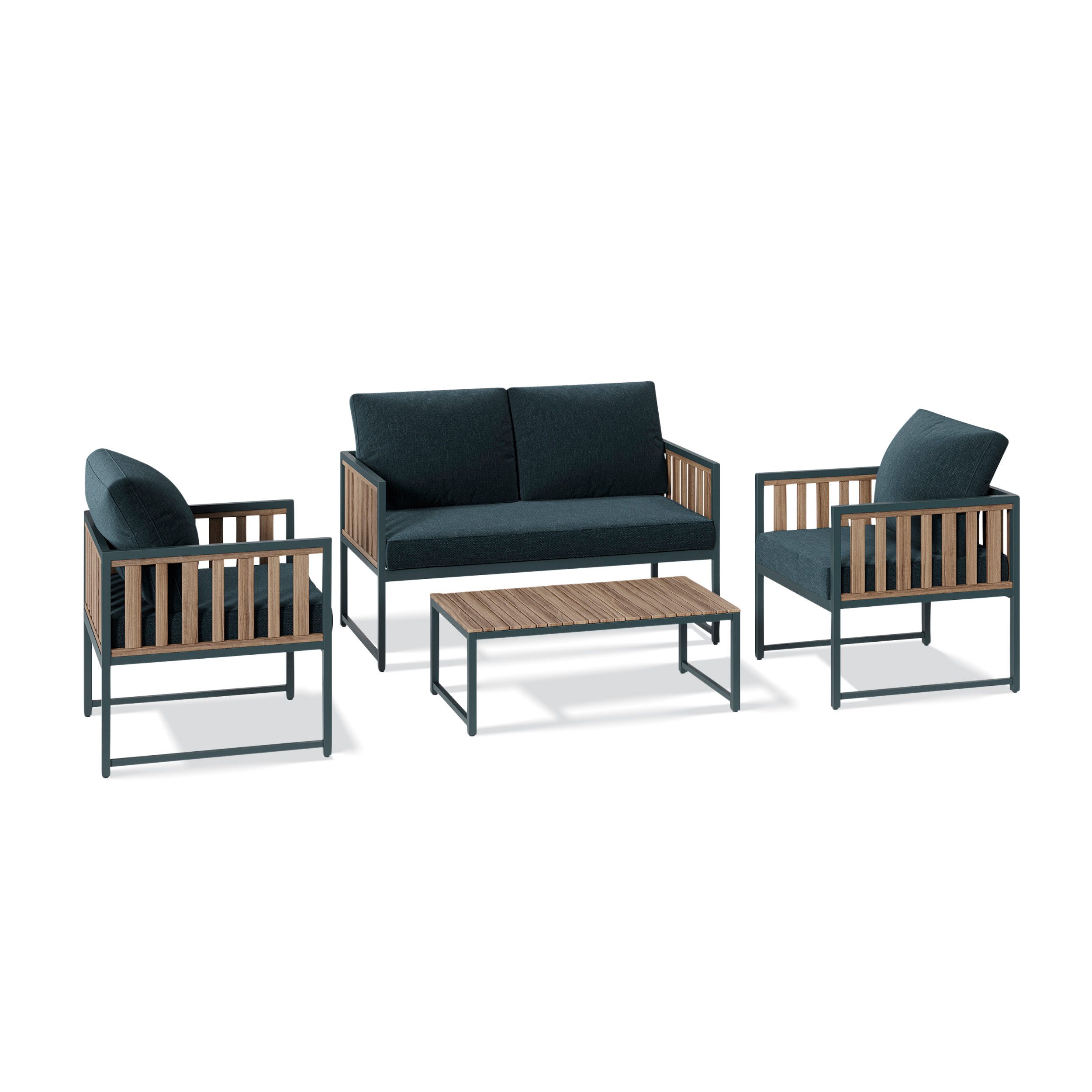 KHG Gartenlounge-Set 4-teilig Grau für 4 Personen, (Lounge-Set mit 2-Sitzer, 2 Sesseln mit Sitzkissen & Tisch aus Akazie, 4-tlg., wetterfest UV-beständig, 125x65x65cm)