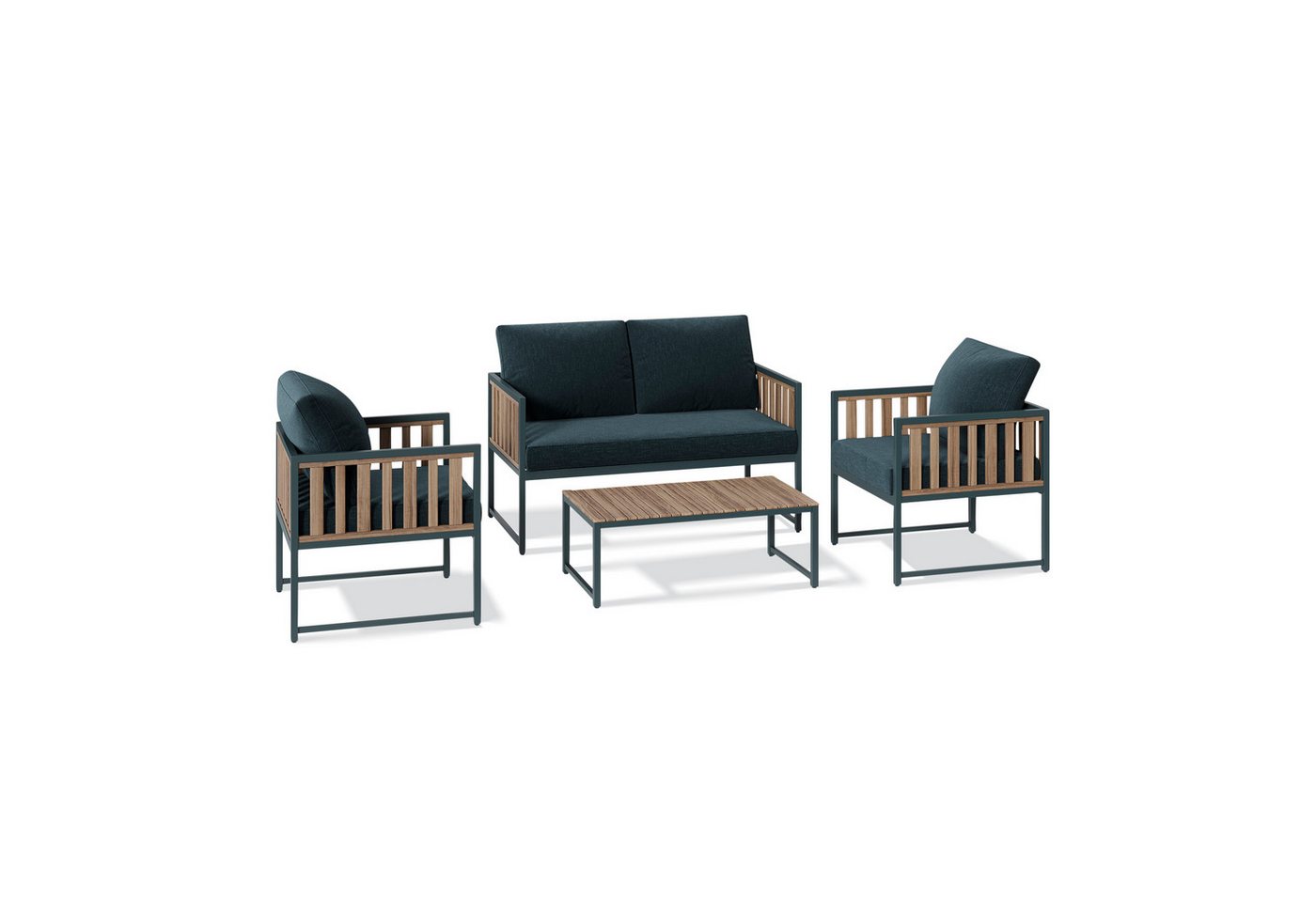 KHG Gartenlounge-Set 4-teilig Grau für 4 Personen, (Lounge-Set mit 2-Sitzer, 2 Sesseln mit Sitzkissen & Tisch aus Akazie, 4-tlg., wetterfest UV-beständig, 125x65x65cm)