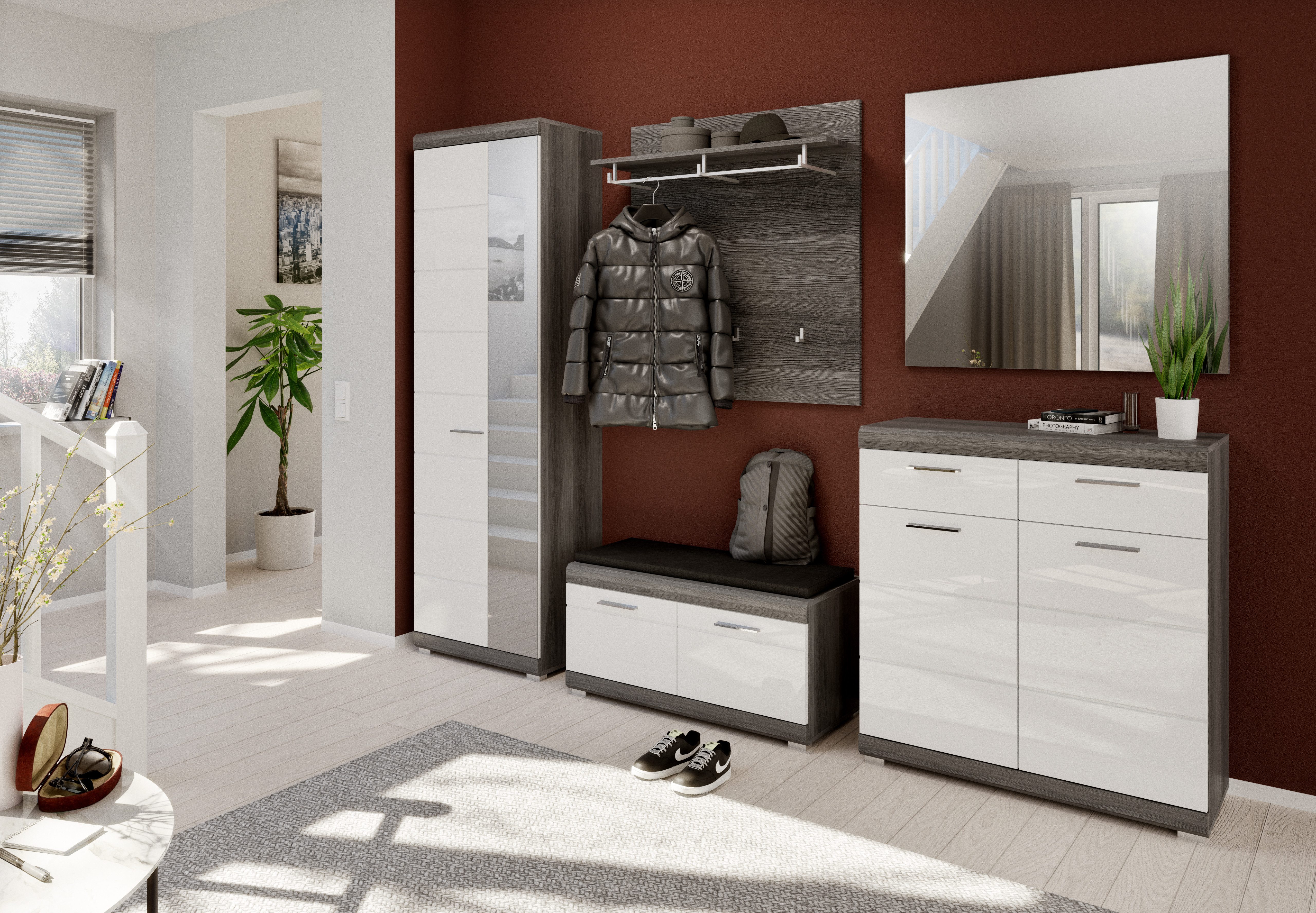 furnling Schuhschrank Scott 2 Schubladen, 2 Türen, 3 Fächer, Schuhkommode, Flurmöbel, 90 cm breit