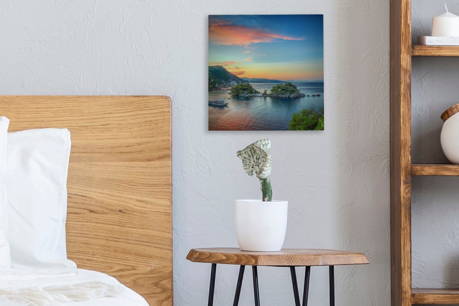 Parga für St), am OneMillionCanvasses® Leinwandbild Wasser, Wohnzimmer Leinwand (1 Schlafzimmer Sonnenuntergang Bilder in