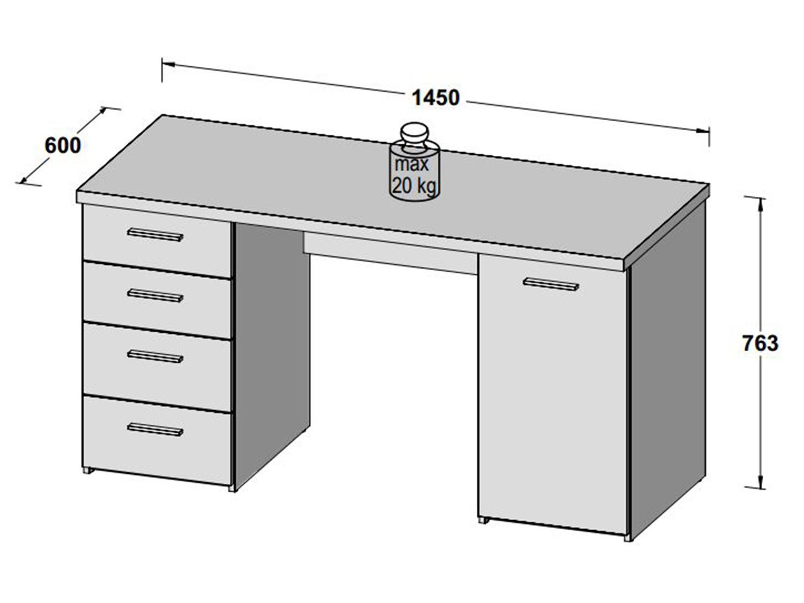 Korpus 76,3 matt Schubkästen, Nachbildung, 4 cm, 60 Sandeiche 145 Moderner Holztür Einlegeboden. Höhe Spanplatte, Schreibtisch in Tiefe aus in cm cm, mit Sandeiche und Weiß möbelando Front Balu, Breite matt 1 1 Schreibtisch Weiß