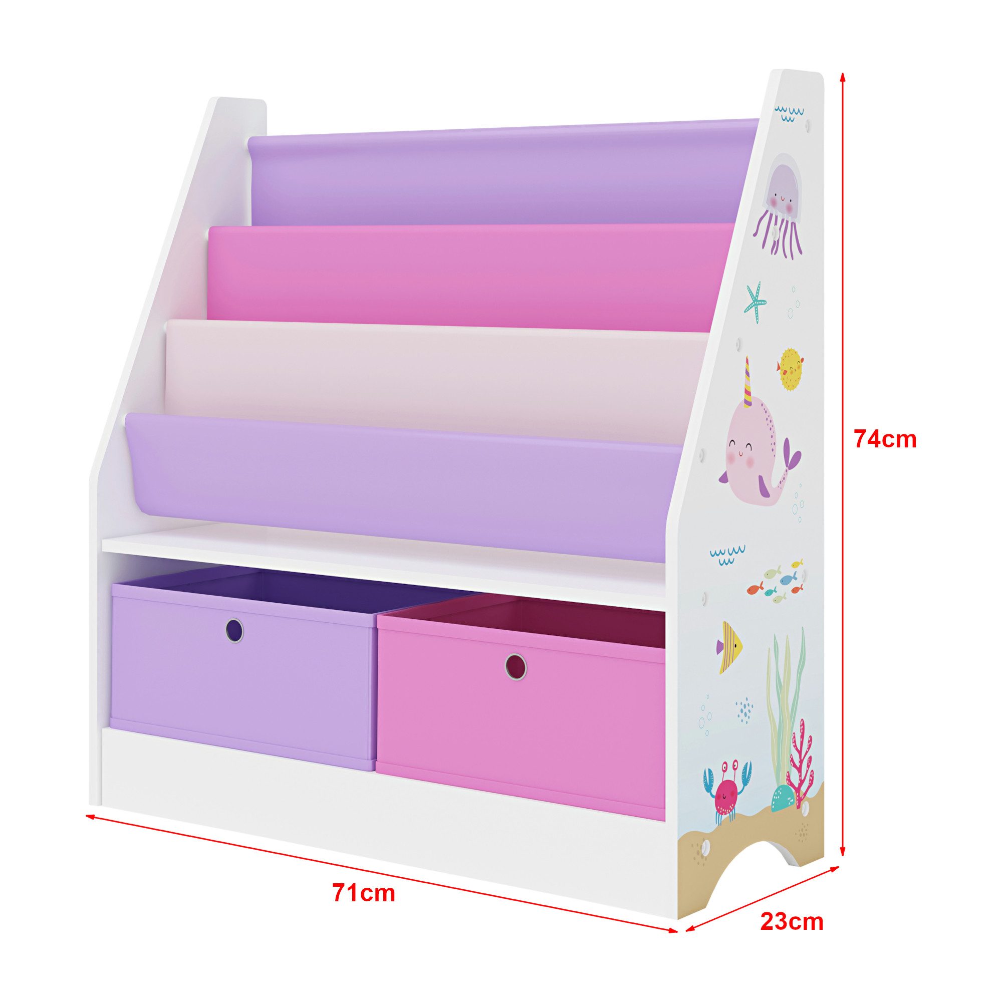 en.casa Bücherregal, »Neda« Kinderregal 74x71x23 cm mit Ozean-Motiv Weiß/Rosa/Lila