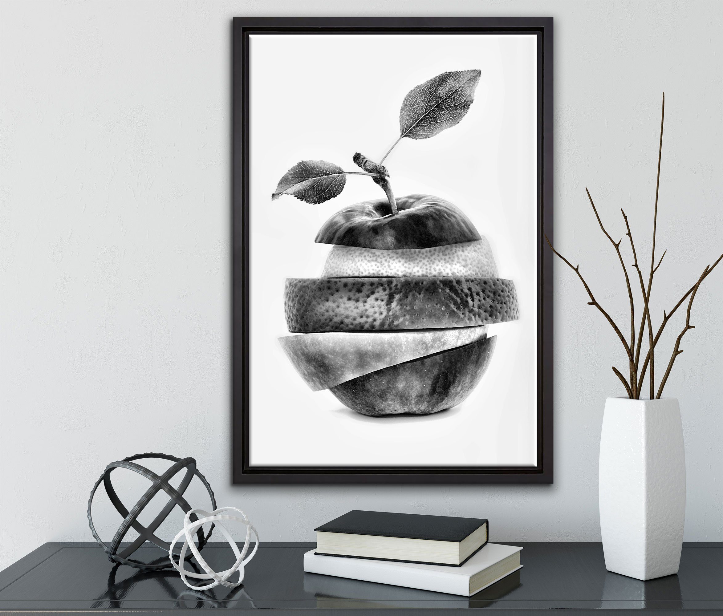 einem Pixxprint Orange Leinwandbild Apfel Mix Wanddekoration St), (1 in Leinwandbild bespannt, gefasst, fertig Früchte Schattenfugen-Bilderrahmen Zackenaufhänger Limette, inkl.