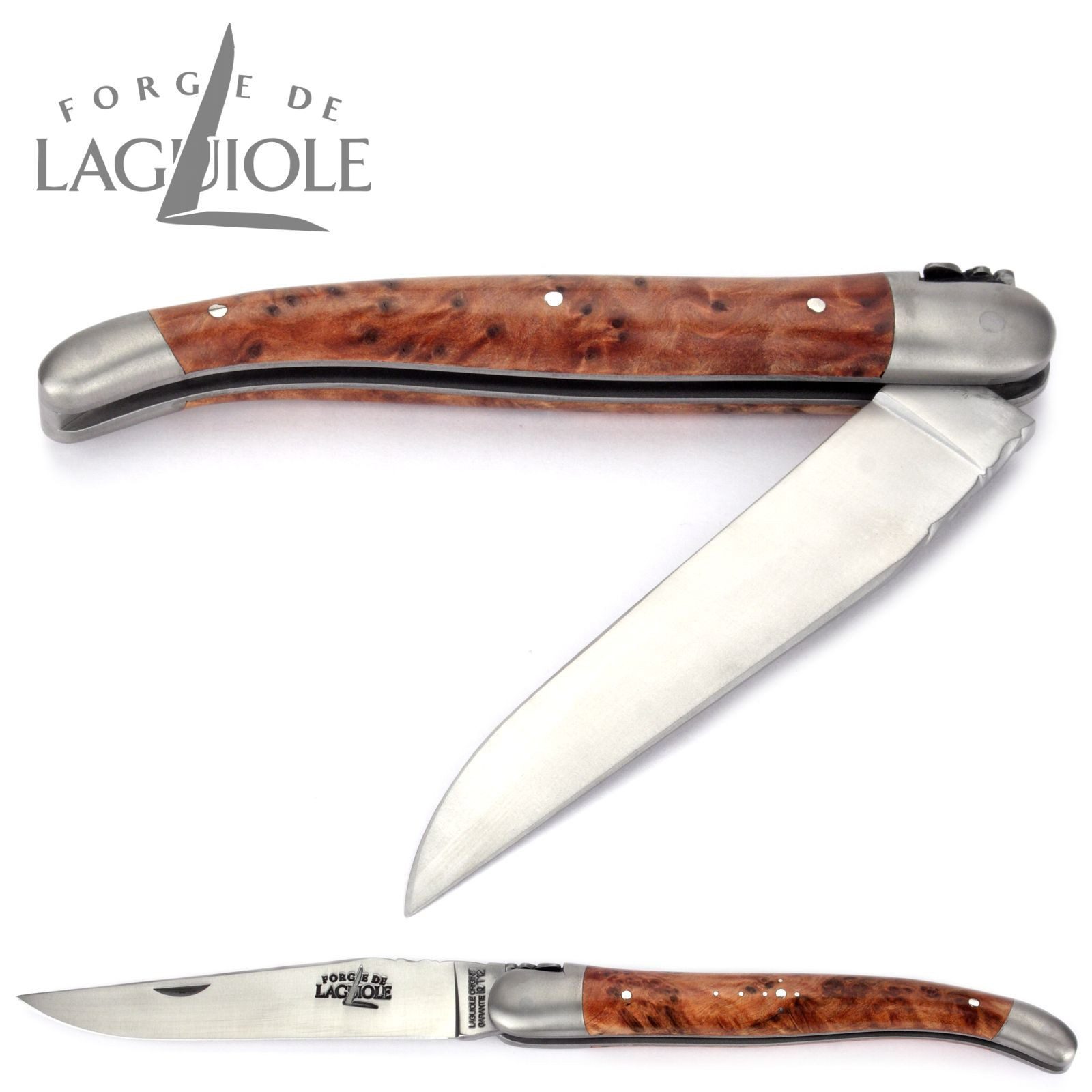 Forge de Laguiole Taschenmesser 1212 F IN TH SAT, "Collection" - Griff 12cm Thuja- Verzierte Feder - Stahl satiniert