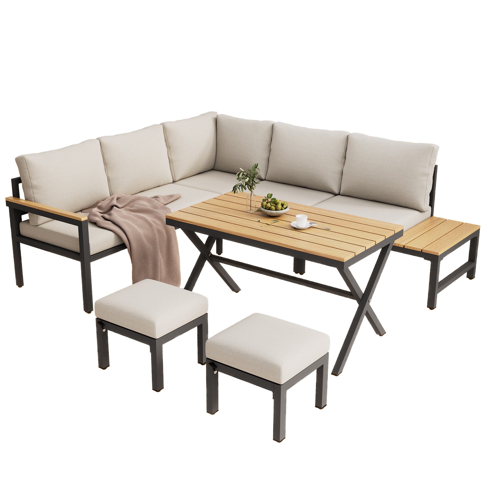MC Star Gartenlounge-Set Garten-Loungestuhl-Set, 4-teiliges Set. Gartenmöbel-Set, Ecksofa, (2 Hocker, Esstisch, Kunststoff-Holz-Tischplatte mit Ablagen, verzinkter Stahl, grau)