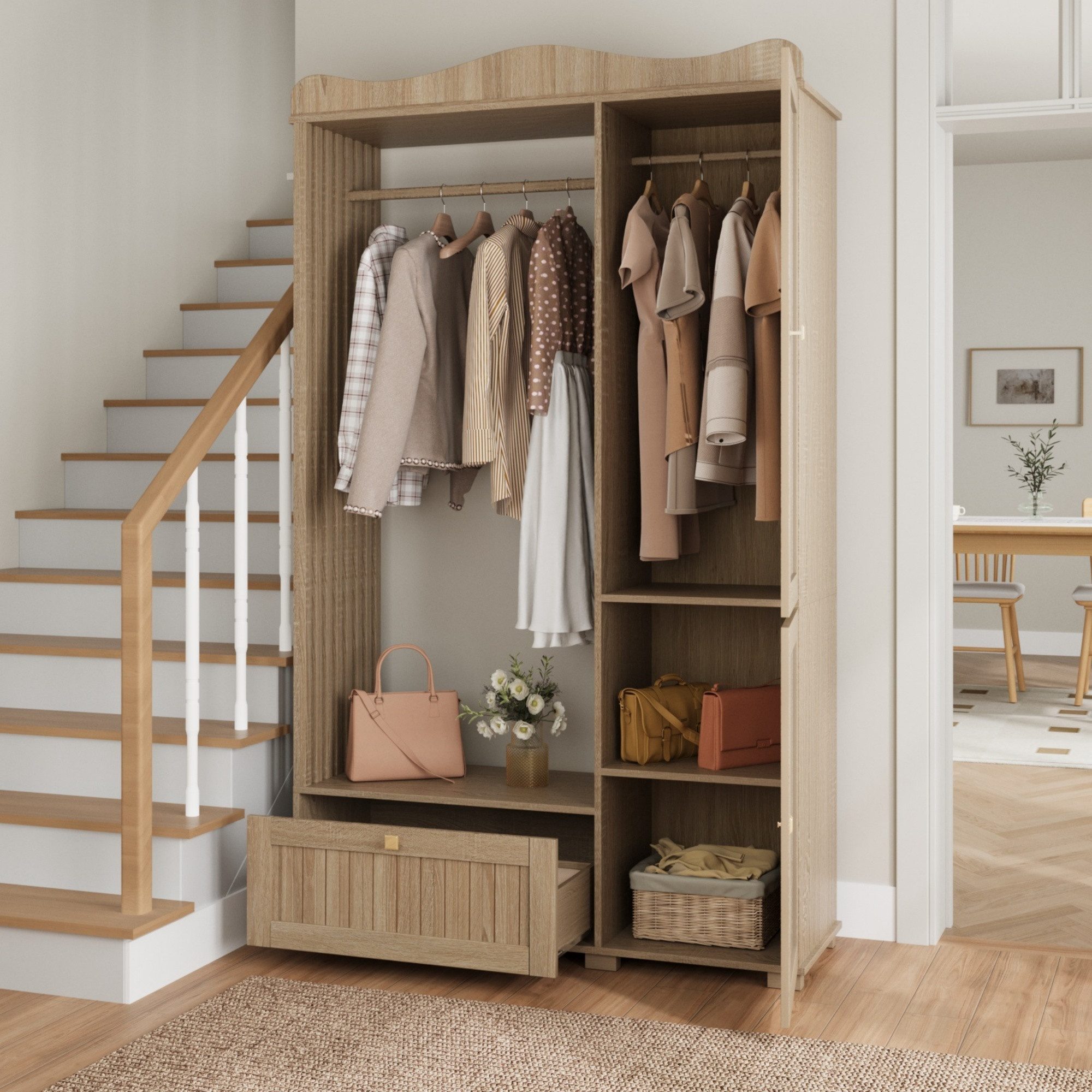 REDOM Garderobenschrank Praktischer Spiegel-Schrank für Flur & Schlafzimmer (Set, 1-St., Kompaktes Design für Stauraum und letzte Kontrolle vor der Tür) In Eichenoptik, mit Schublade und 2 Türen, 115,5x194,5x38,5 cm