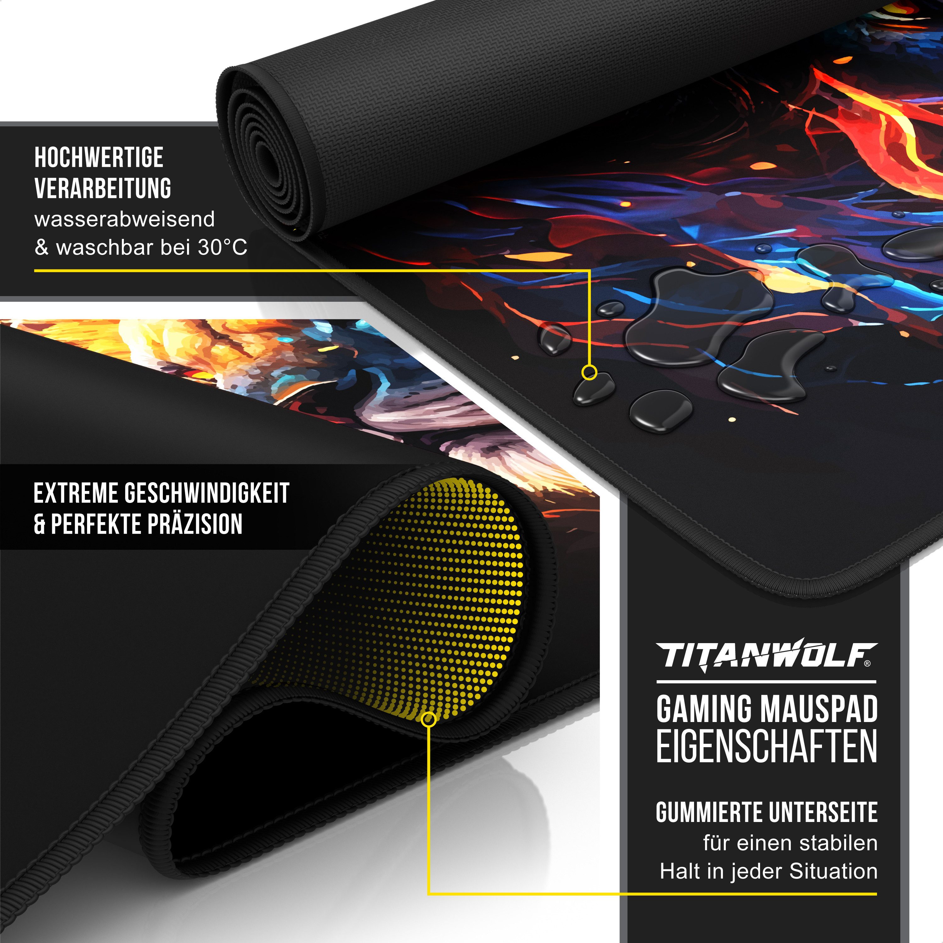 Titanwolf Gaming Mauspad XXL Speed Mousepad 900 x 400 x 3 mm, Schreibtischauflage, abwaschbar (1-St), rutschfeste Rückseite, Geschwindigkeit & Präzision, Fire L – Bild 3 von 5