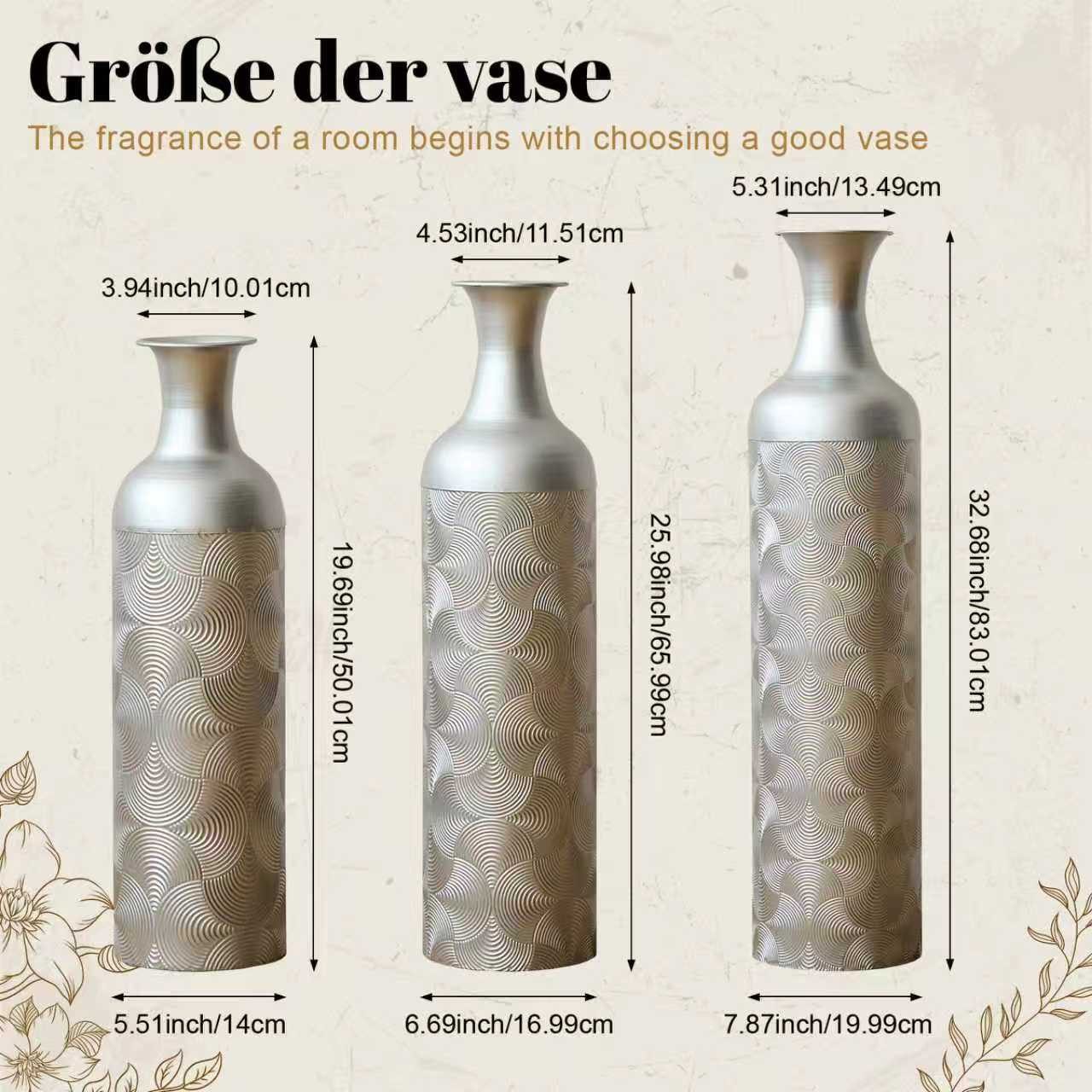 KLAM HOME Bodenvase Große Bodenvase 3er Set aus Metall, (50/65/83 cm), Mid-Century Modern (Dekovase Boden bis zur Decke reichende Vase, hohe dekorative Vase), Vintage Deko, Dekorative Vase für Wohnzimmer, Flur und Schlafzimmer