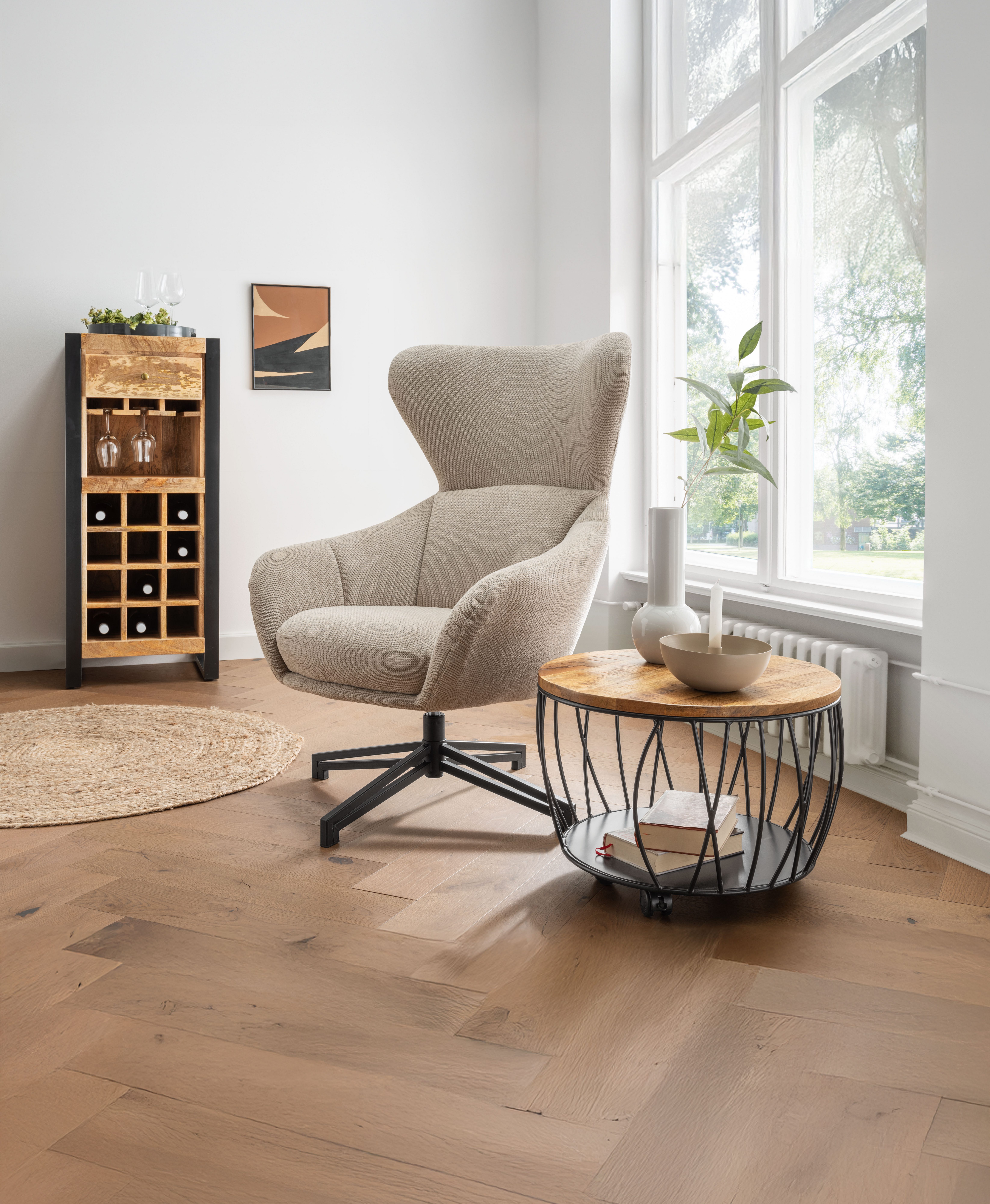 MR.DEKO Kommode Fontana Mango – Weinregal aus Massivholz, 51x40x120 cm, vintage (Barregal mit Weinglashalter & Flaschenfächern)