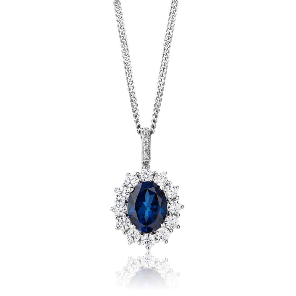 Miore Kette mit Anhänger 925 Silber mit Saphir 2,39ct - 4 Diamanten 0,01ct & 12 Zirkonia 1,43ct, Maße ca. 13 x 22 mm bei 45cm Kettenlänge