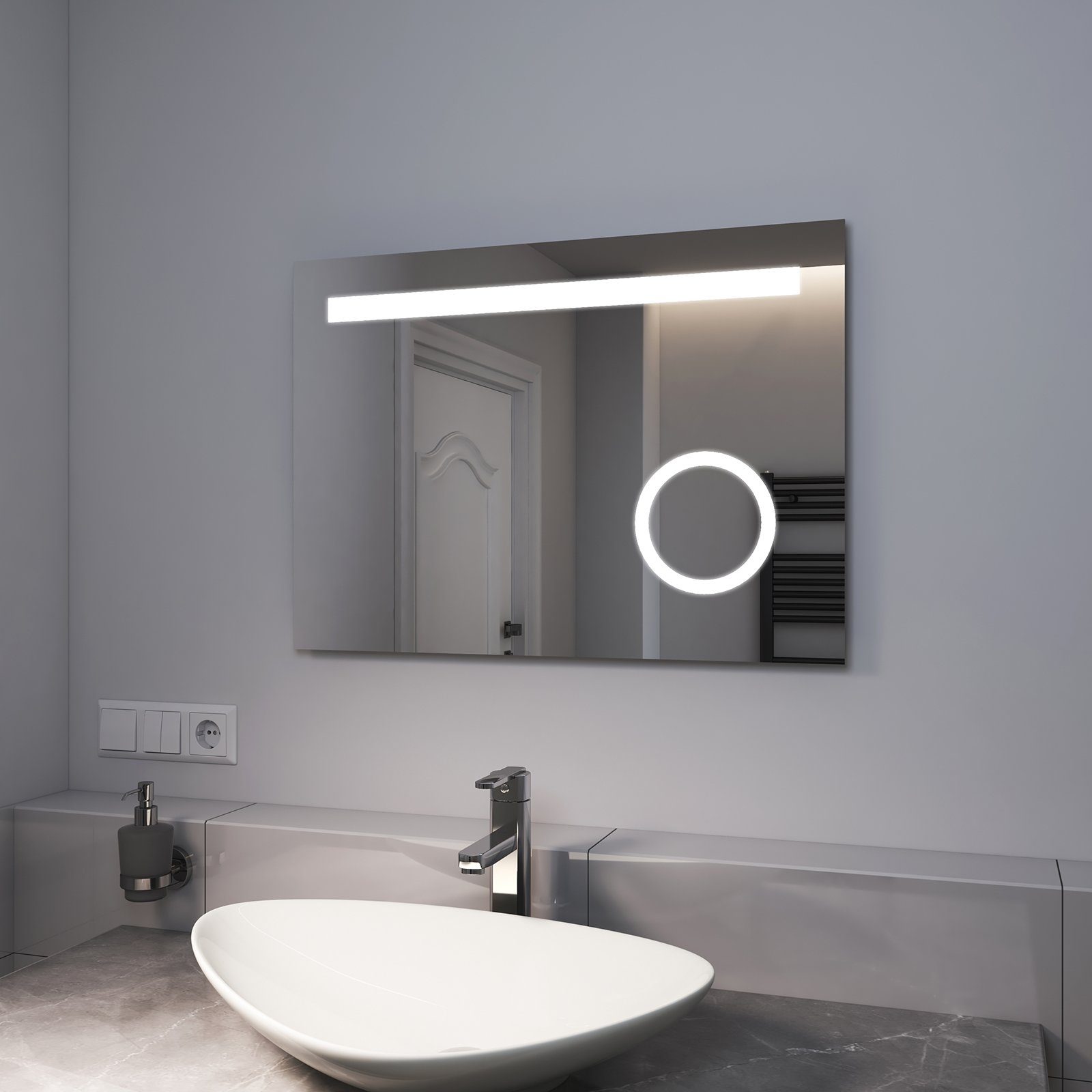 EMKE Badspiegel EMKE LED Badspiegel mit Beleuchtung, LED Wandspiegel, mit  Taste und Beschlagfrei, 2 Lichtfarbe Warmweiß/Kaltweiß