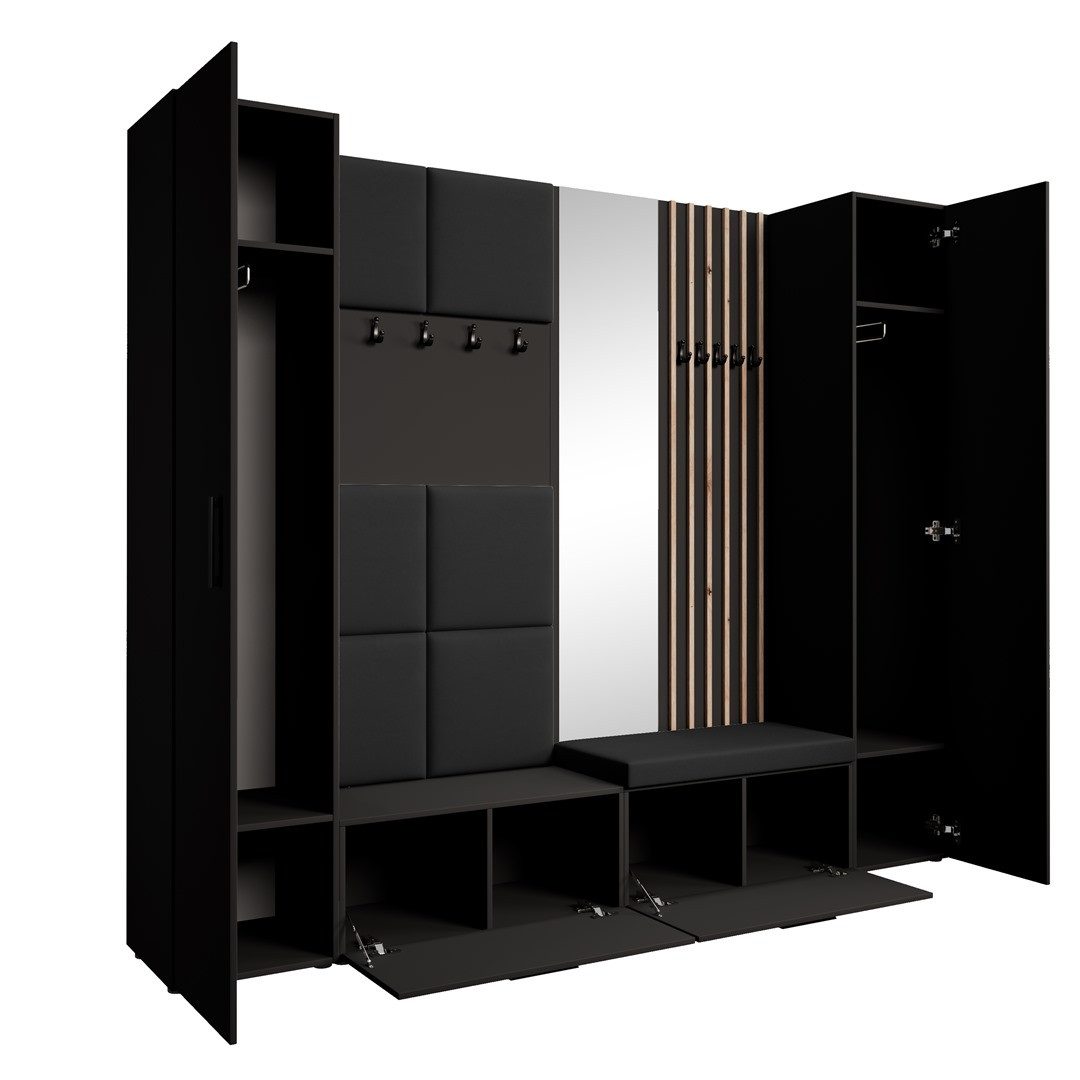 Beautysofa Garderobenschrank mit gepolsterten Paneelen und Spiegel MARGARET XL (zwei praktische Schuhschränke und zwei komfortable Kleiderschränke mit Kleiderstangen) mit dekorative Lamellen und praktischen Kleiderhaken