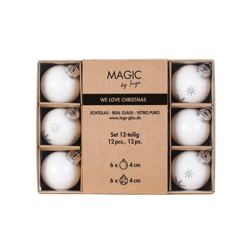 MAGIC by Inge Weihnachtsbaumkugel, Weihnachtskugeln Glas 4cm Schneeflocken Motiv 12er Set Just White