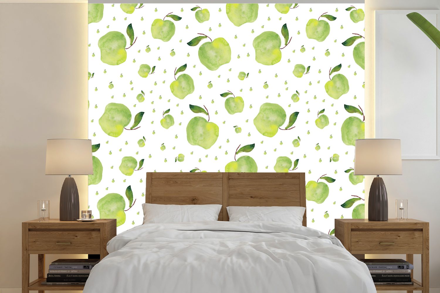 MuchoWow Fototapete Äpfel - Grün - Weiß, Matt, bedruckt, (5 St), Vinyl Tapete für Wohnzimmer oder Schlafzimmer, Wandtapete