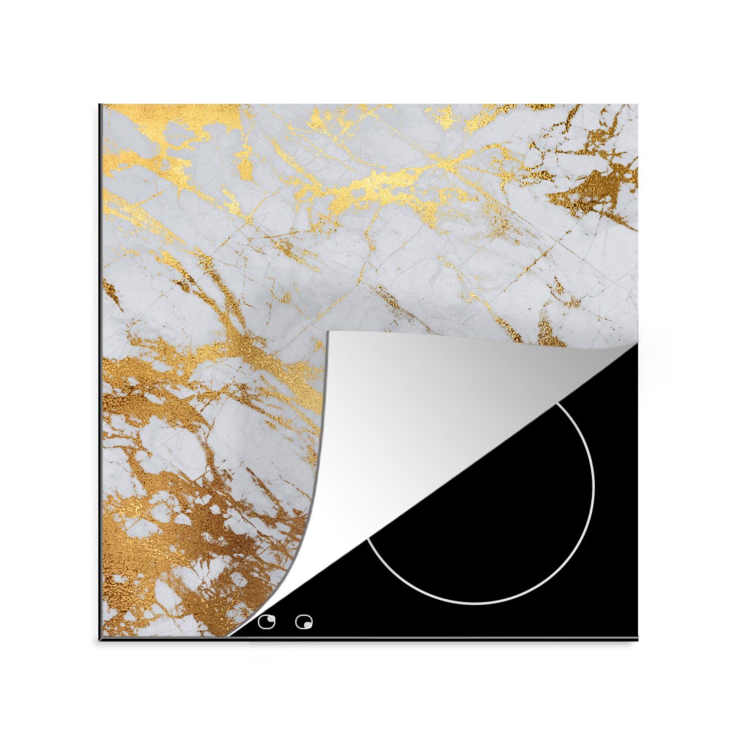 Vinyl, 78x78 Ceranfeldabdeckung, (1 MuchoWow küche Gold Arbeitsplatte - für cm, tlg), - Herdblende-/Abdeckplatte Marmor Weiß,