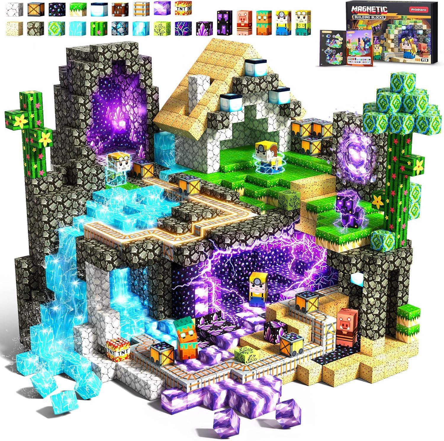 Ophy 150-teilige Magnetbausteine – Mine Bauwelt, Magnetspielzeug Magnetspielbausteine, (150 St., für Kinder ab 3–10 Jahren, mit abnehmbaren Teilen), ideales Ostergeschenk (Magnetblöcke)
